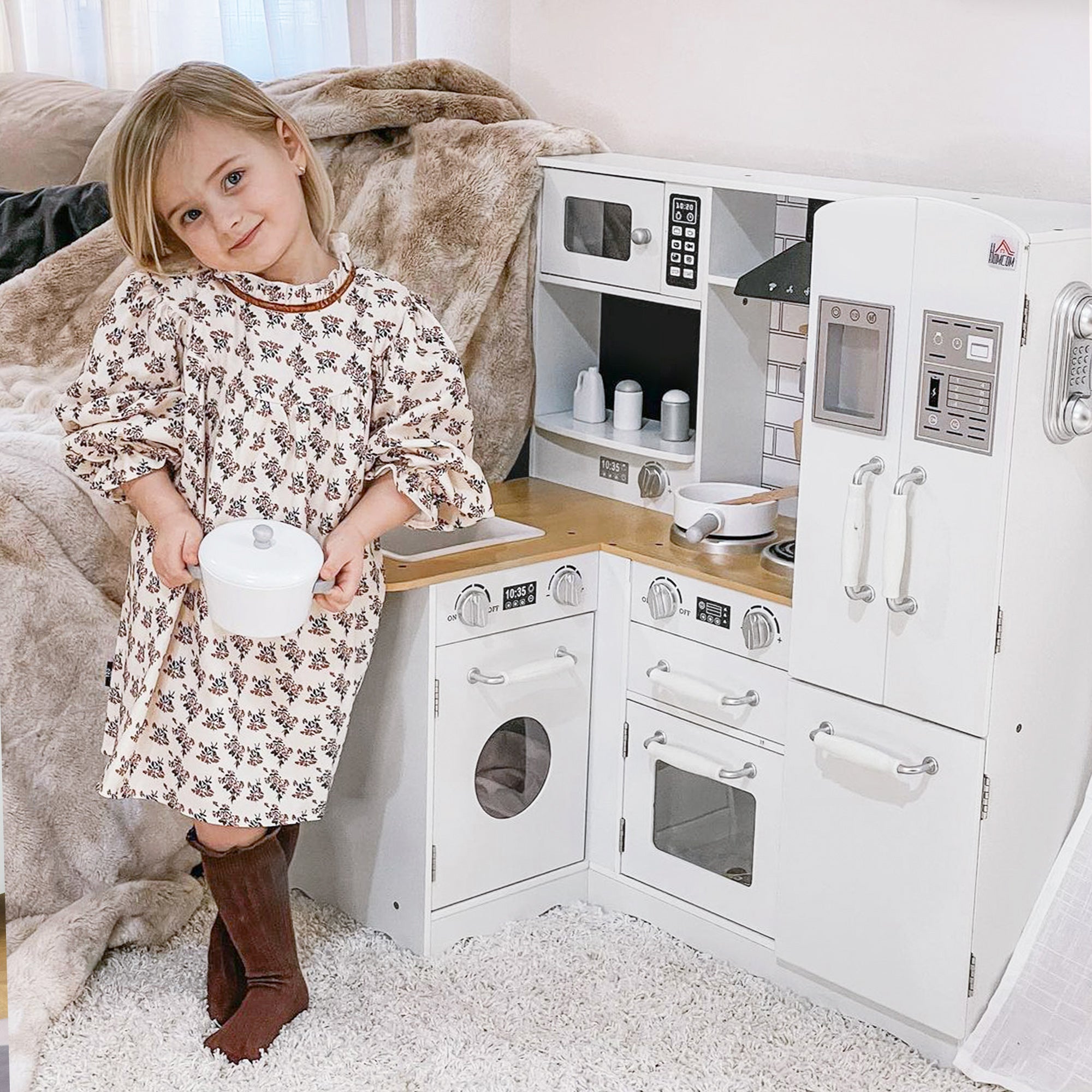 Large Play Kitchen with Full Set of Appliances for a Modern Day Pretend Kitchen, Tons of Storage, Corner Play Kitchen Set with Sound Effect, Educational Pretend Role Playset Game