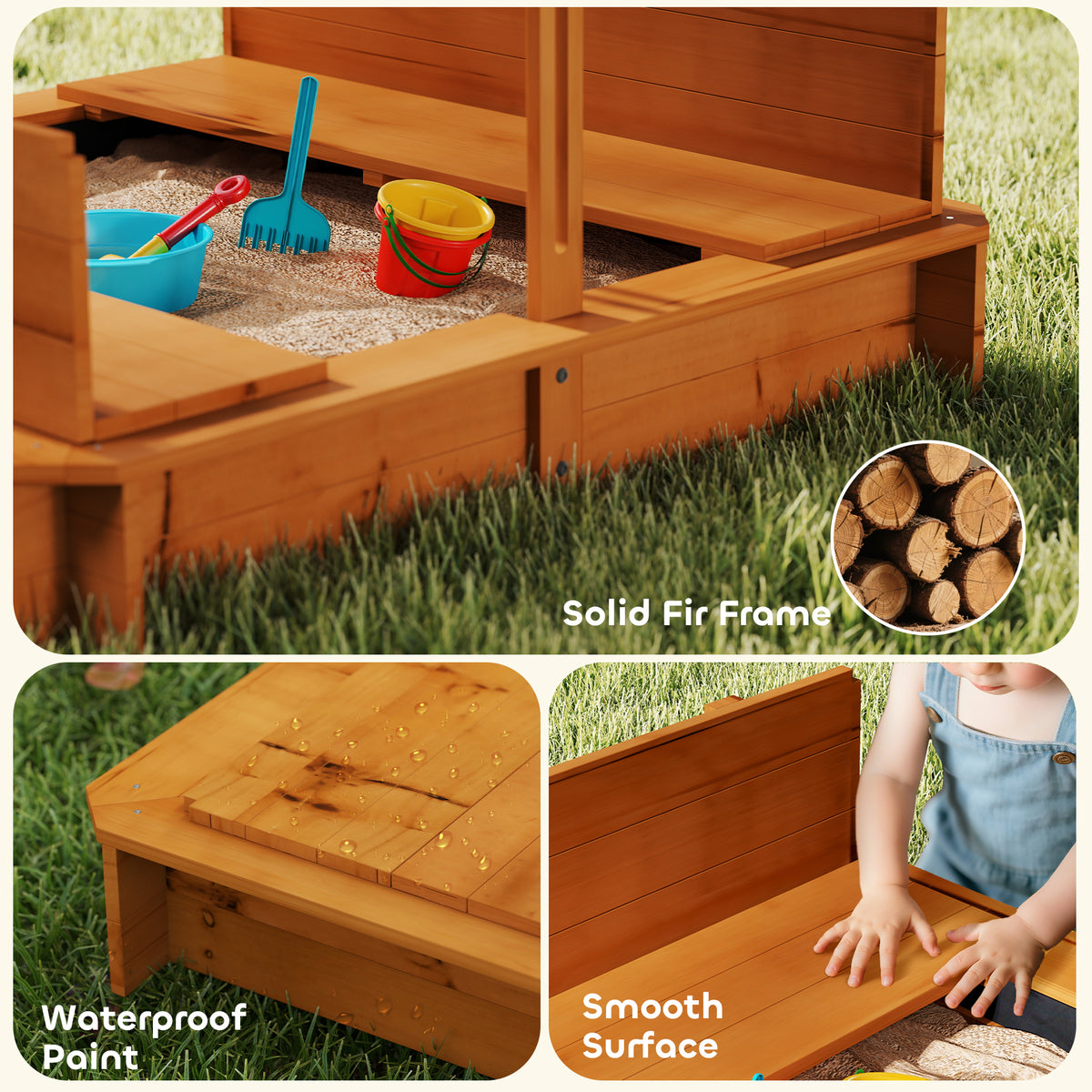 Wooden Kids Sandbox with Cover, Children Outdoor Sand Box with Foldable Bench Seats and Adjustable Canopy, Brown