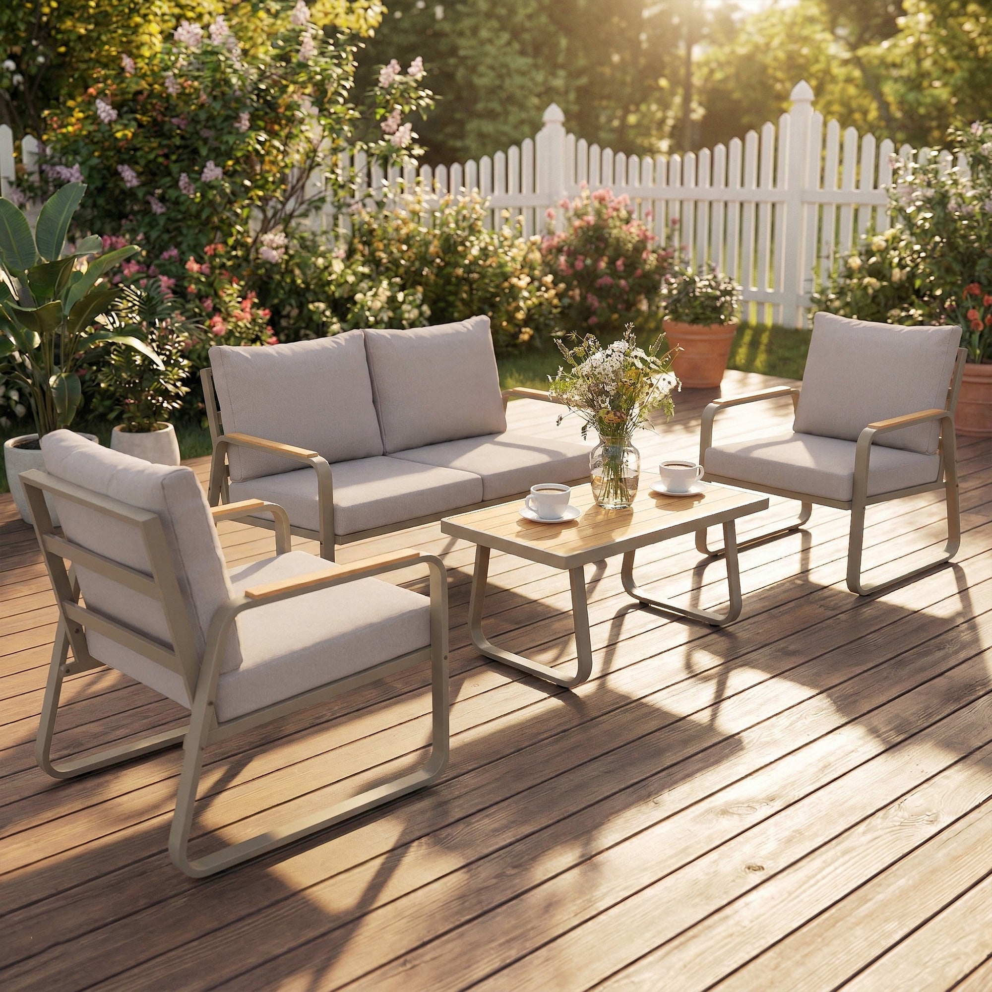 4 Piece Patio Furniture Set, Outdoor Sofa Set with Loveseat, 2 Armchairs, Coffee Table and Cushions