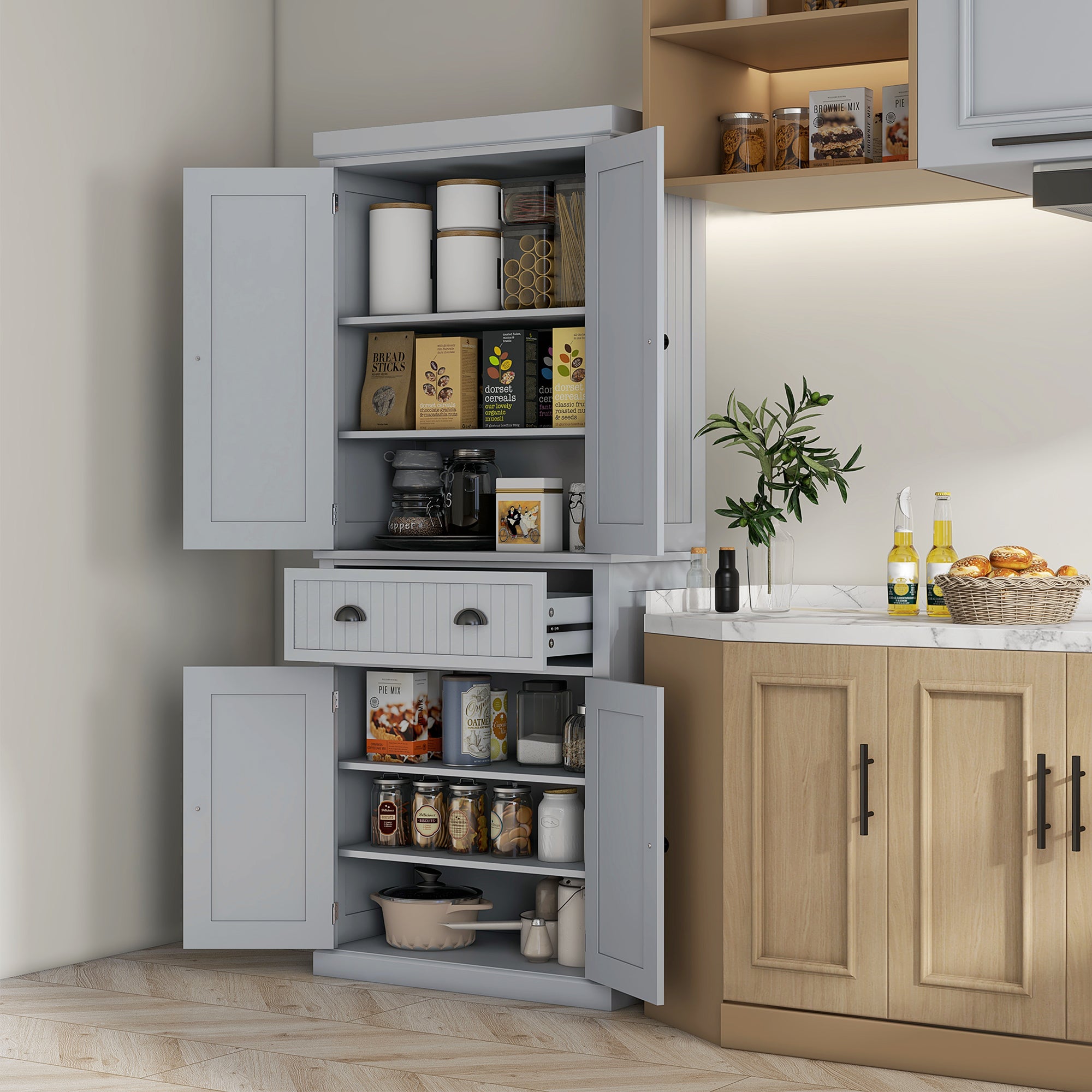 72" Traditional Kitchen Pantry Cabinet, Freestanding Tall Storage Cabinet with 4 Doors, Drawer and 3 Adjustable Shelves for Dining Room, Gray
