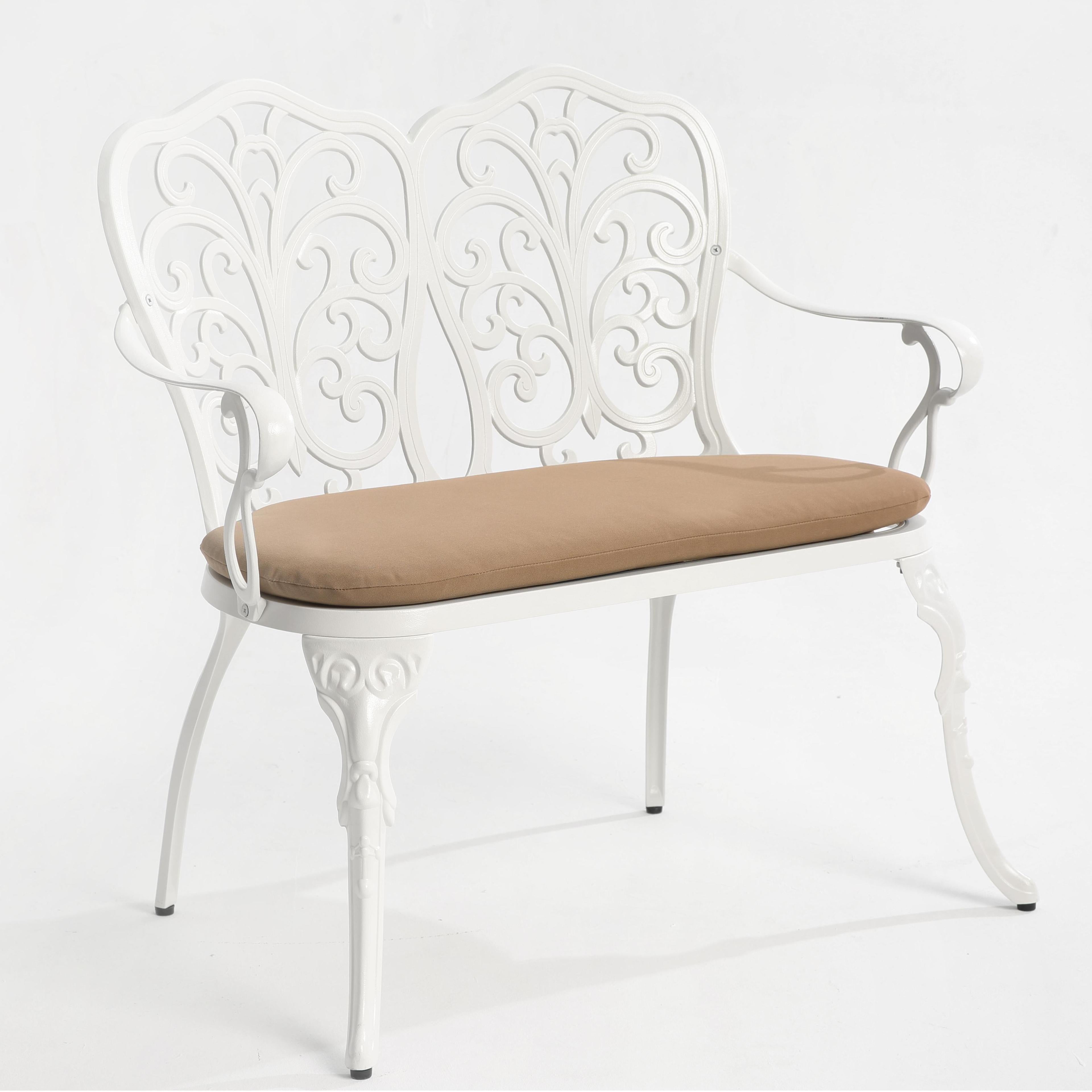 Patio Garden Bench with Floral Rose Design, Seat Cushion, Outdoor Park Bench with Cast Aluminum Frame, 34.5" L x 22.5" W x 34.5" H, White