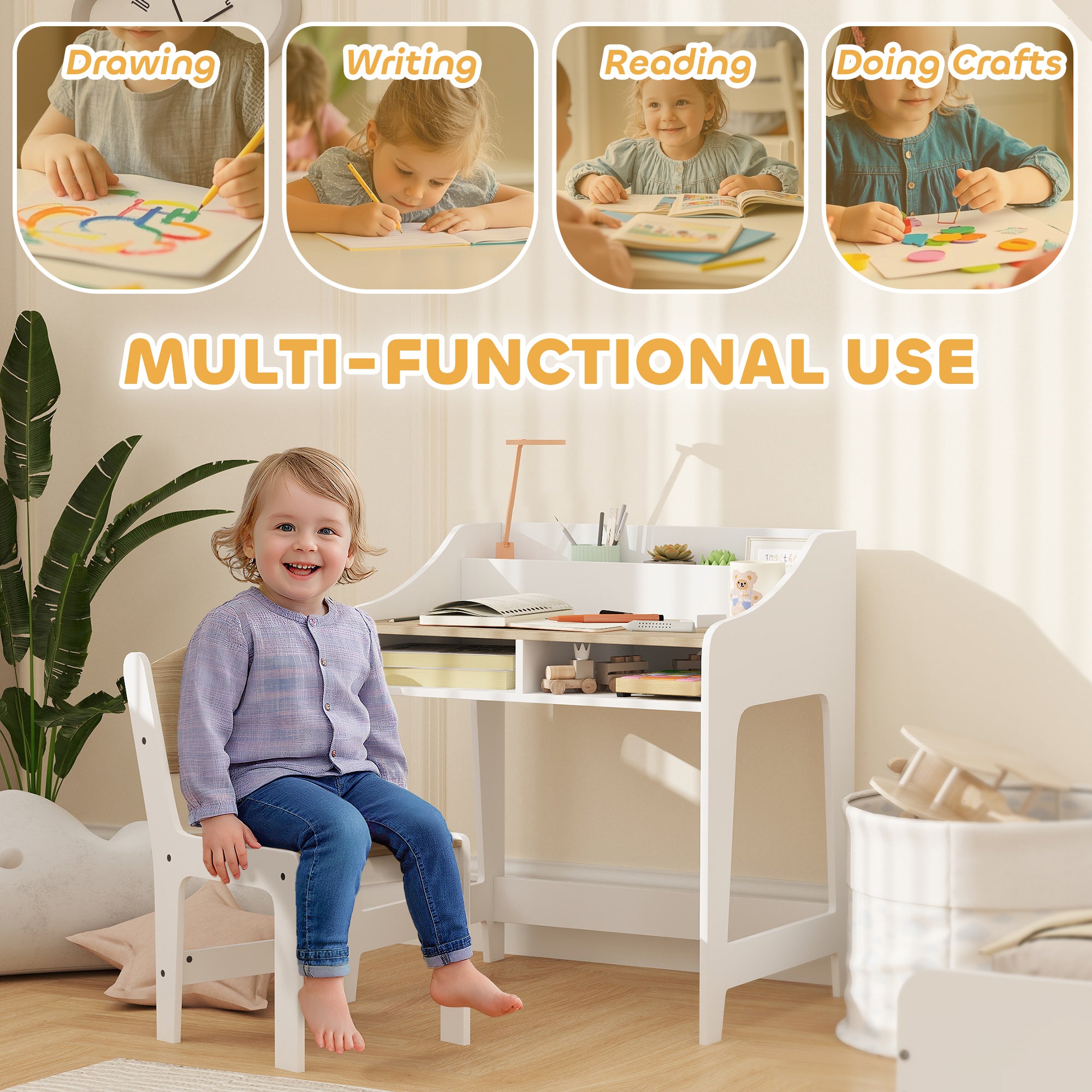 Kids Desk and Chair Set with Storage and Shelves, for Bedroom & Study Room, Gift for 3-8 Years Old, Natural Wood