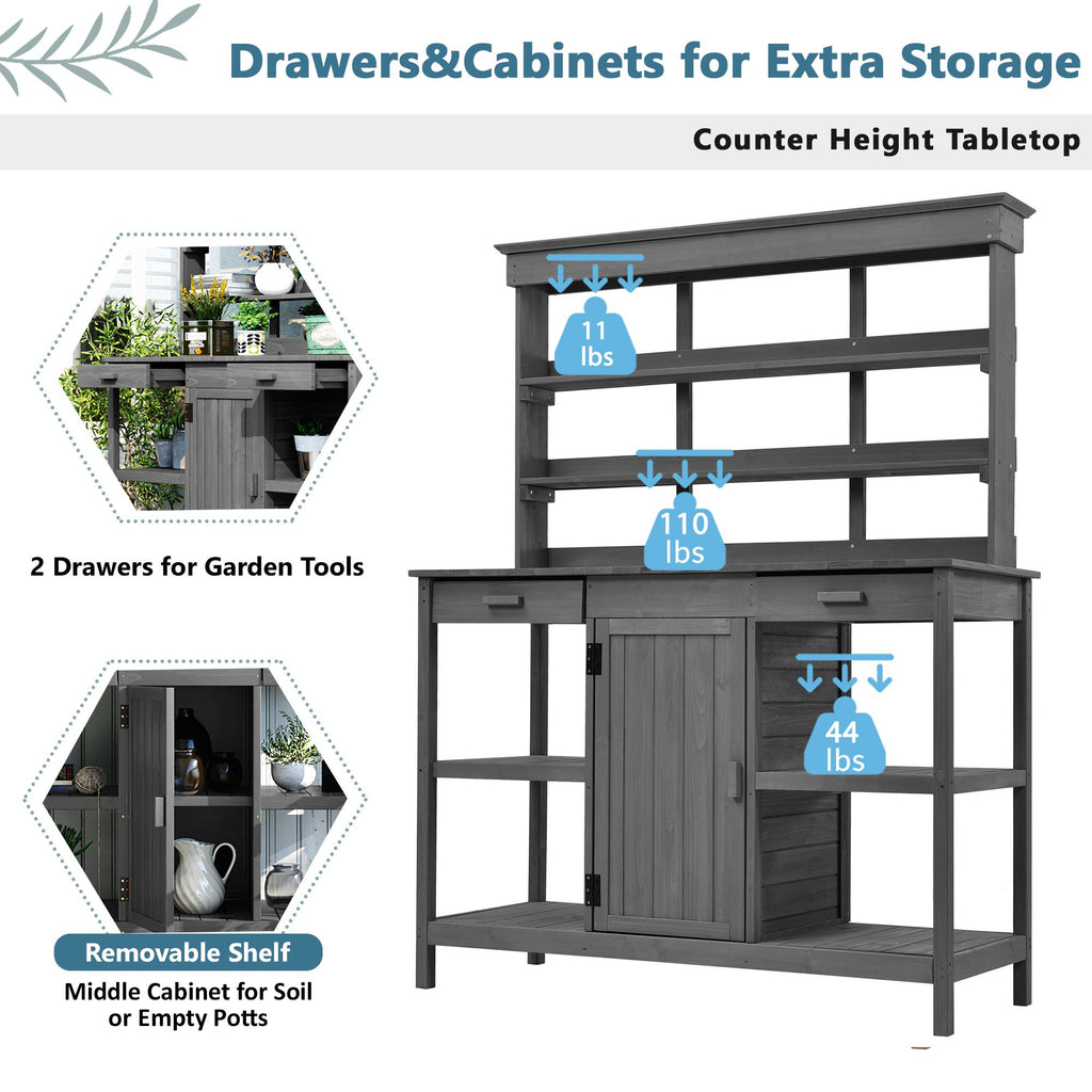 Outdoor Potting Bench with 2 Drawers, Cabinet & Open Shelf, Farmhouse Garden Workstation for Backyard, 50'' L x 19.5'' W x 66'' H, Gray