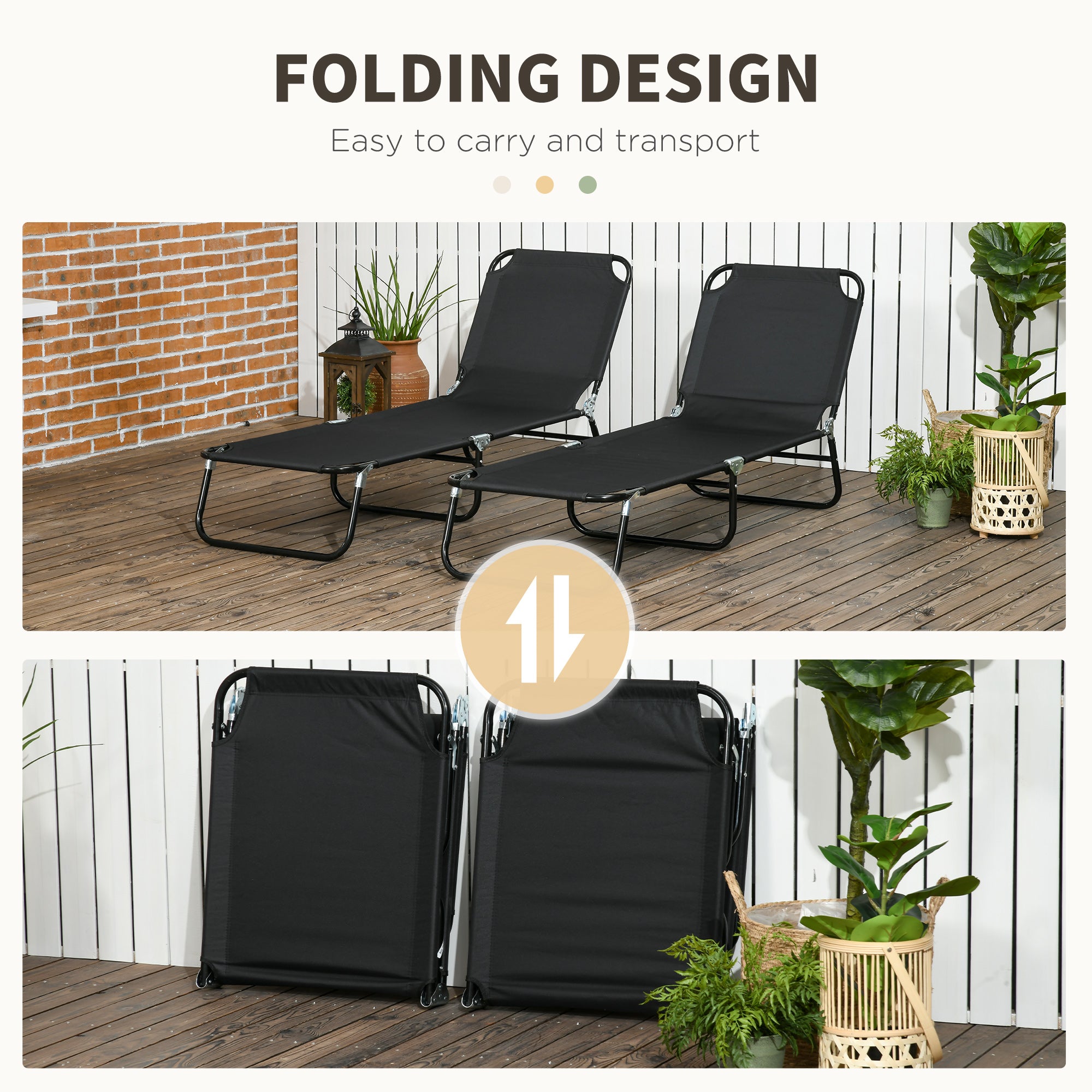 2 Piece Folding Chaise Lounge Pool Chairs, Outdoor Sun Tanning Chairs with 5-Level Reclining Back, Steel Frame for Beach, Yard, Patio, Black