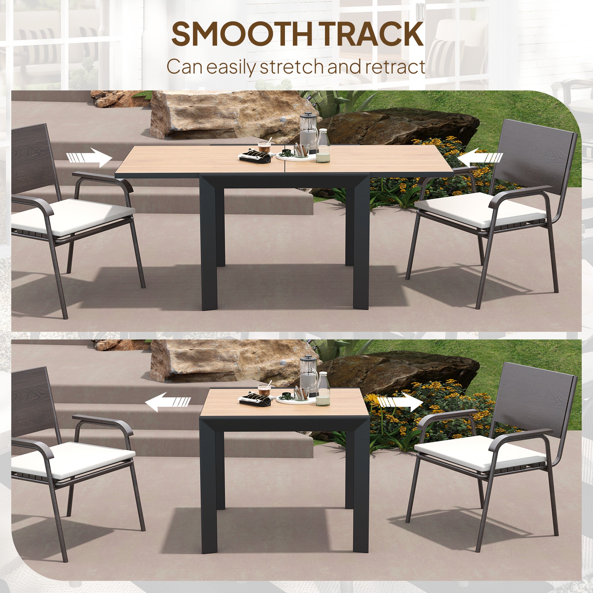 35.5"-71" Expandable Outdoor Dining Table for 4-6 People, Aluminum Patio Table with Slatted Wood Grain Top, Natural