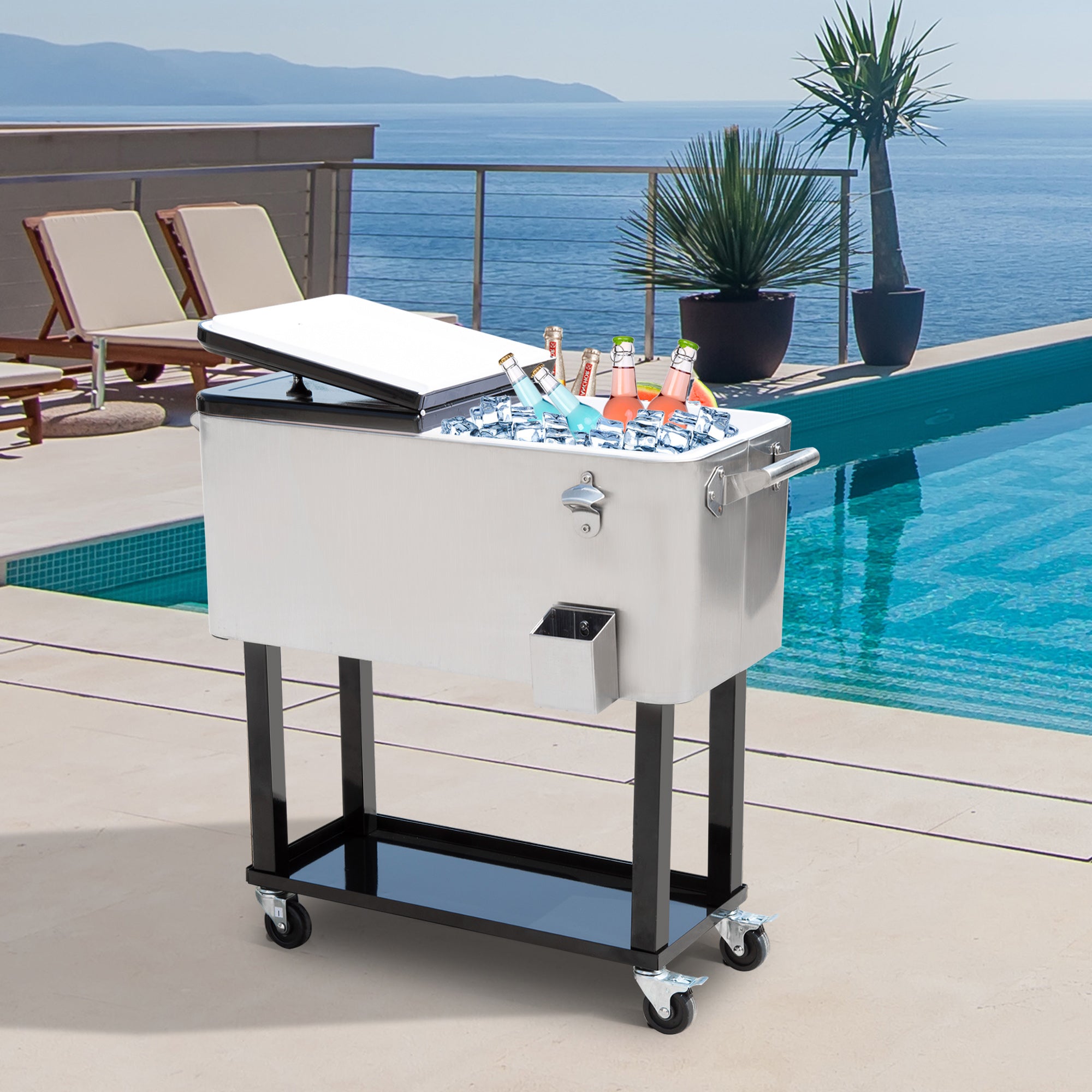 80 QT Rolling Cooling Bins Ice Chest on Wheels Outdoor Stand Up Drink Cooler Cart for Party, Silver