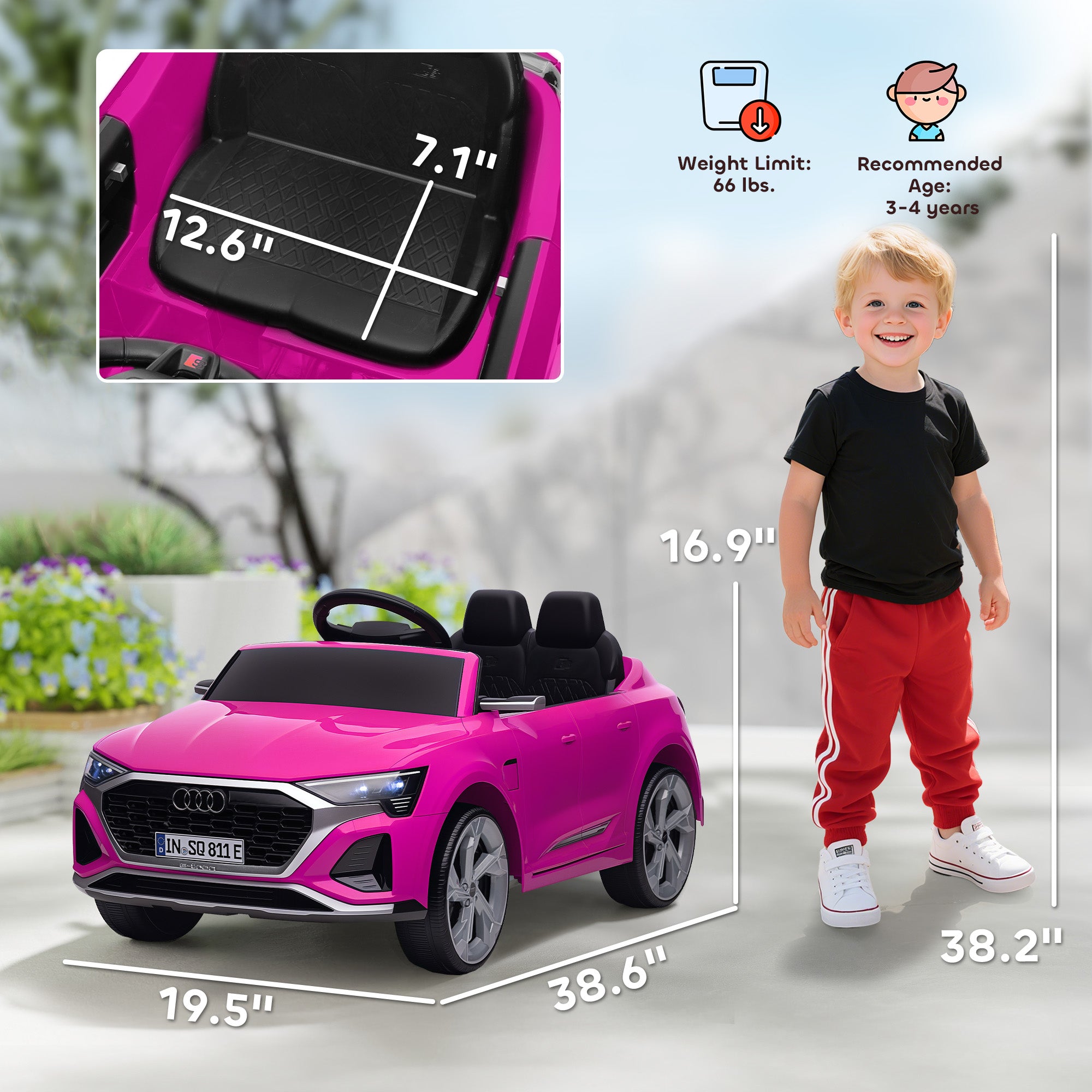 Q8 e-tron Sportback Licensed 12V Battery Powered Kids Electric Car w/ Spring Suspension, Soft Start, Pink