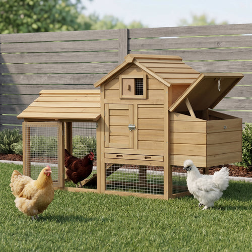 59" Small Wooden Chicken coop Hen House Poultry Cage for Outdoor Backyard with 2 Doors, Nesting Box and Removable Tray, Natural Wood