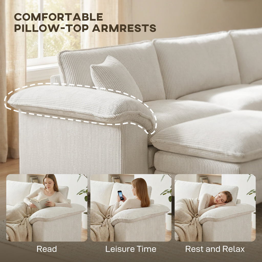 Sectional Sofa, L Shaped Couch with Deep Seat, Movable Ottoman and Pillow-top Armrests, Beige