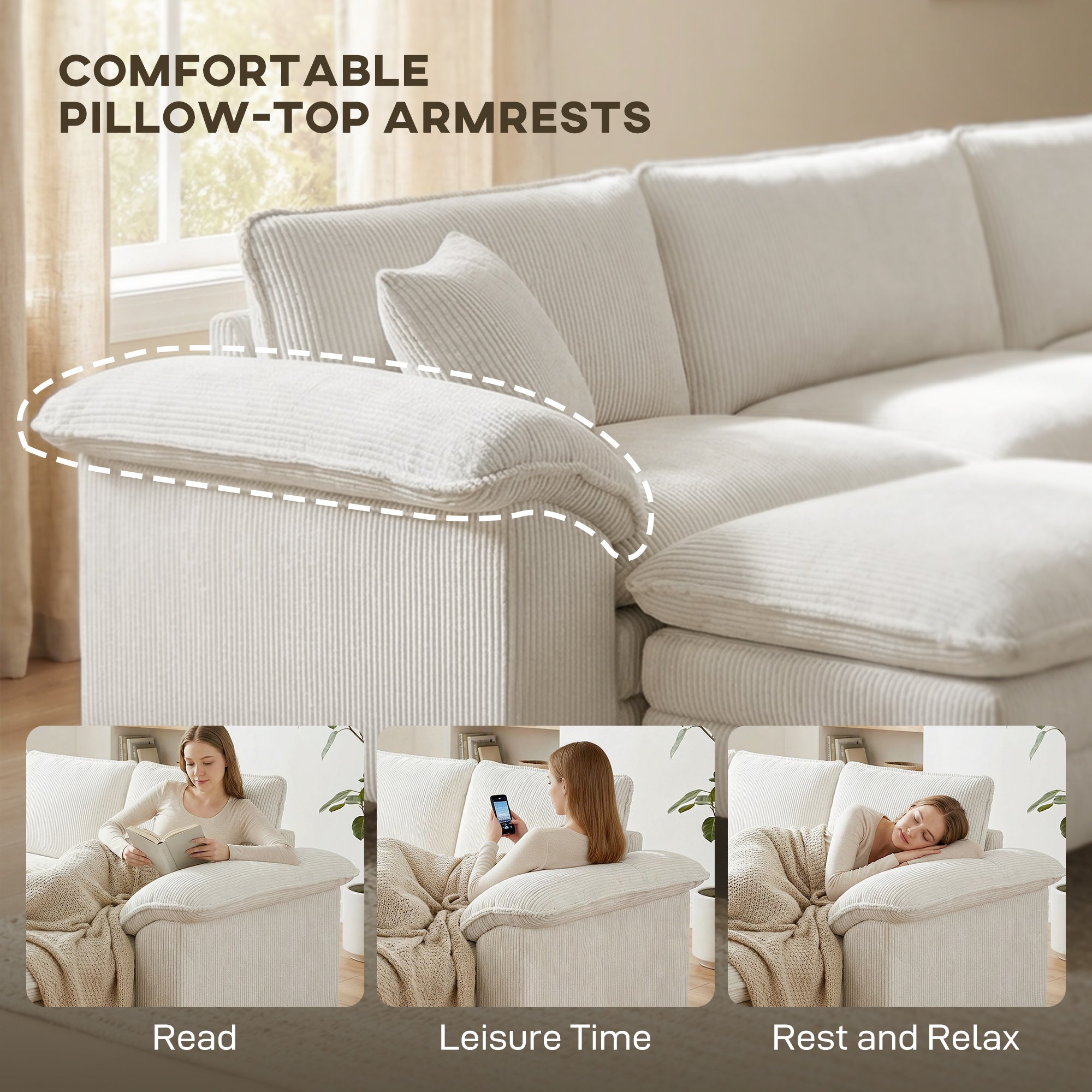 Sectional Sofa, L Shaped Couch with Deep Seat, Movable Ottoman and Pillow-top Armrests, Beige