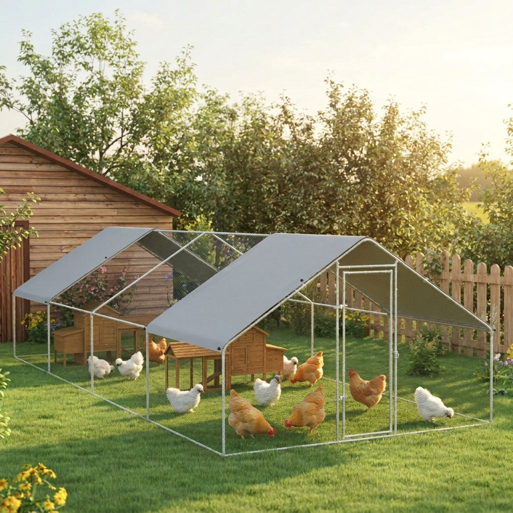 Large Chicken Coop Metal Chicken Run for Chickens with Waterproof and Anti-UV Cover, Spire Shaped Walk in Fence Cage Hen House for Outdoor and Yard Farm Use, 1.3" Dia, 9.8' x 26.2' x 6.4'