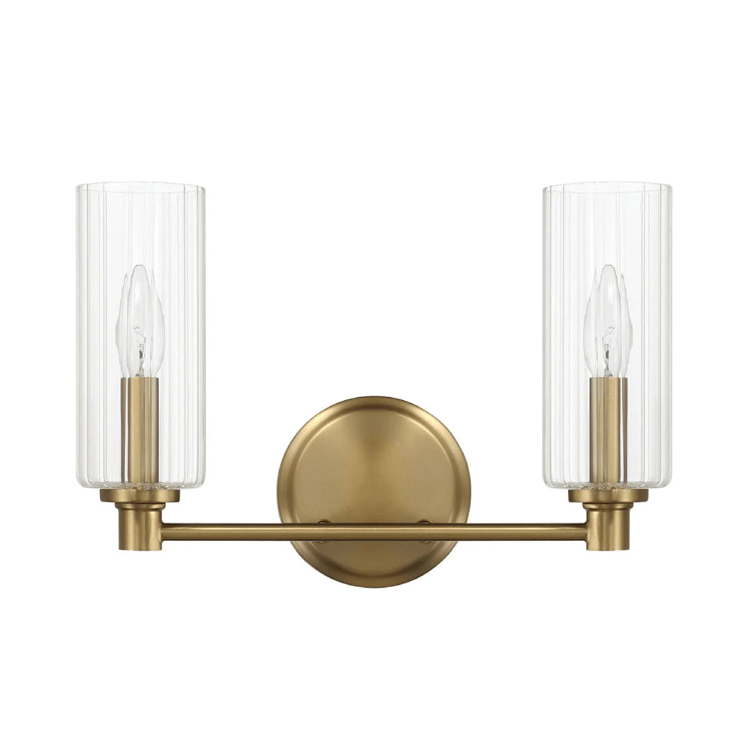 Regal Double Light Vanity with Clear Ribbed Glass, Satin Brass Finish, 15" L x 5" W x 10" H, Antique Brass+Clear