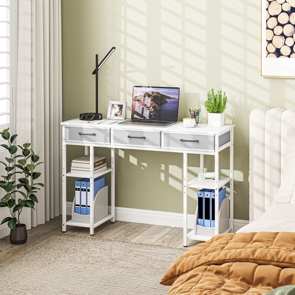 47" Small Computer Desk, Writing Desk with Fabric Drawers, Home Office Desk with Adjustable Shelves, White