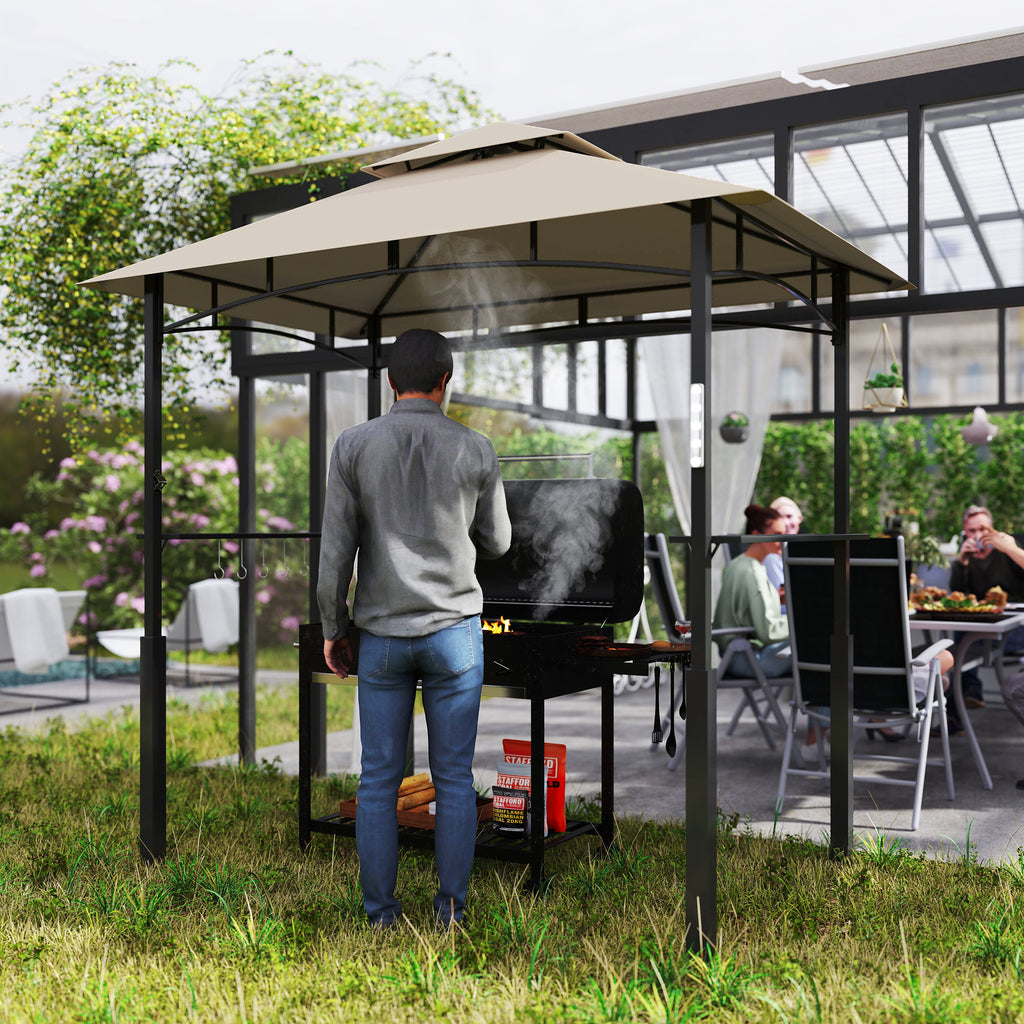 8' x 5' Outdoor Grill Gazebo, Barbecue Gazebo Shelter with LED Light, 2 Side Shelves, Hooks, Bottle Opener, Khaki