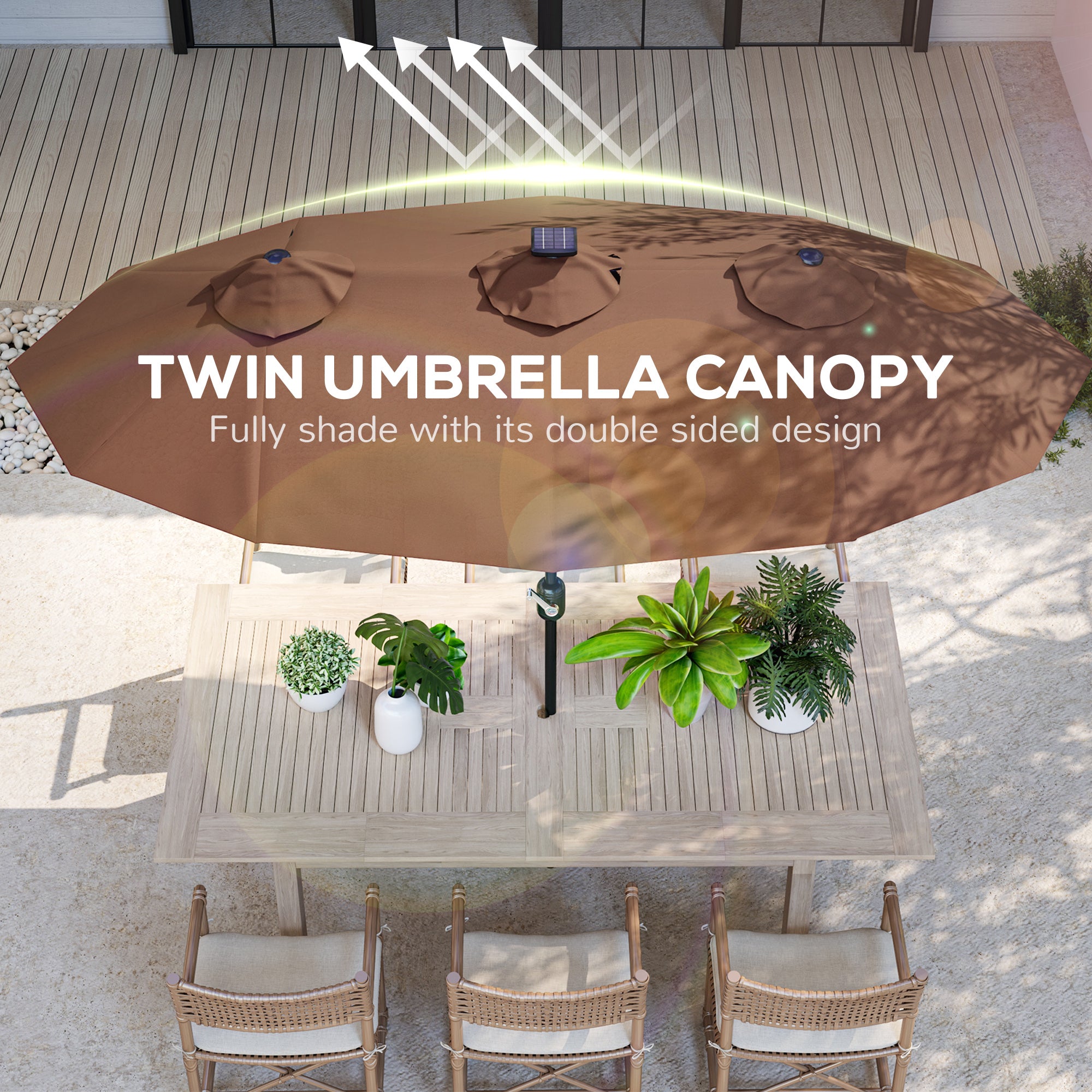 Double-sided Patio Umbrella, 9.7 ft. Outdoor Umbrella with 45-Degree Tilt and Crank, LED Solar Light and 12 Ribs, Coffee