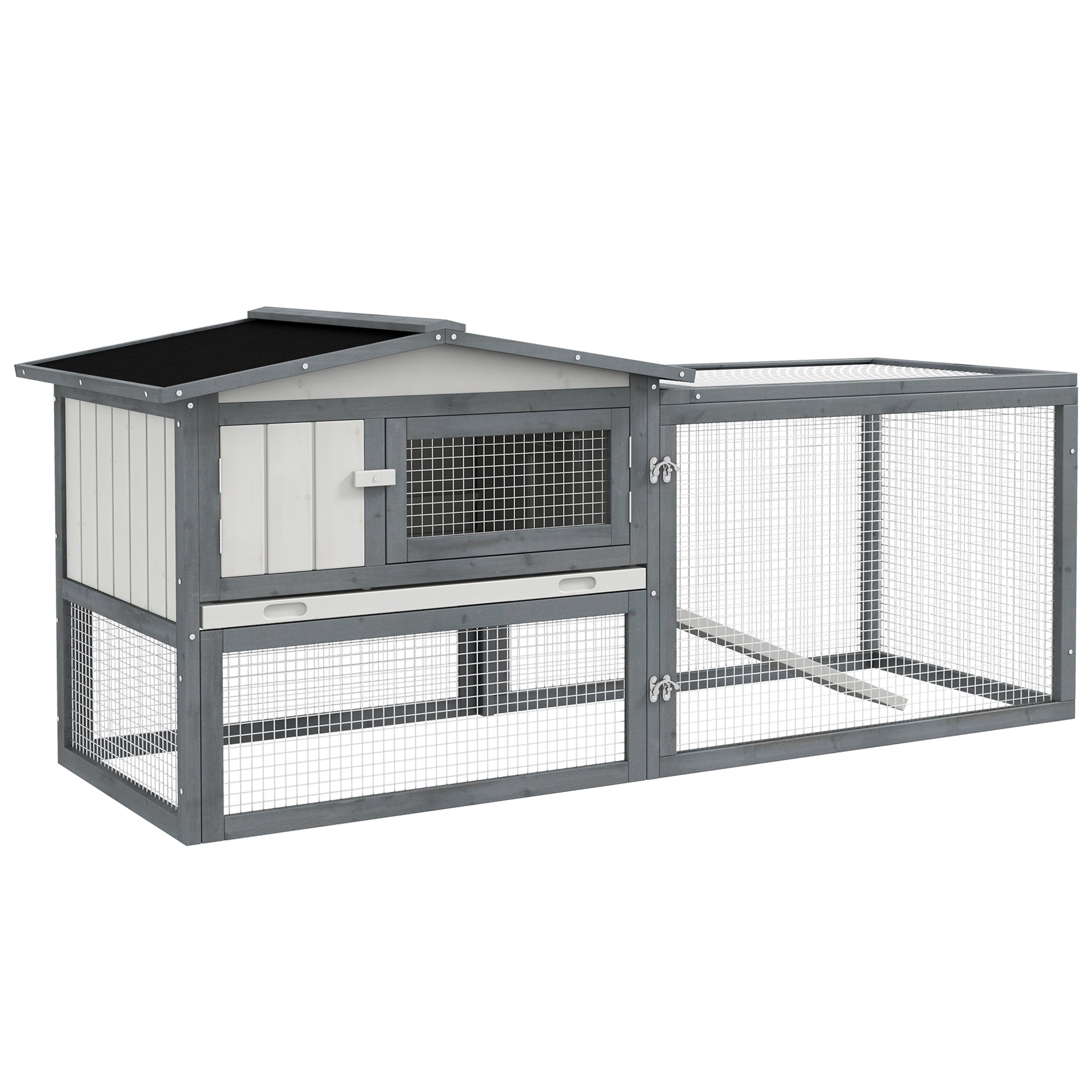 Large Rabbit Cage Outdoor 61"L Guinea Pig Hutch w/ Run Feeding Trough Removable Tray Ramp Asphalt Roof, White