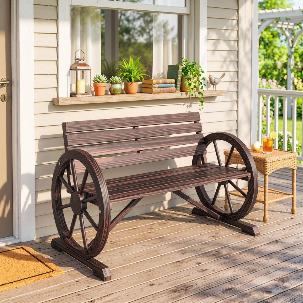41" Wooden Wagon Wheel Bench, Rustic Outdoor Patio Bench Weather Resistance Furniture, 2-Person Slatted Seat with Backrest, Carbonized