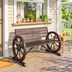 41" Wooden Wagon Wheel Bench, Rustic Outdoor Patio Bench Weather Resistance Furniture, 2-Person Slatted Seat with Backrest, Carbonized