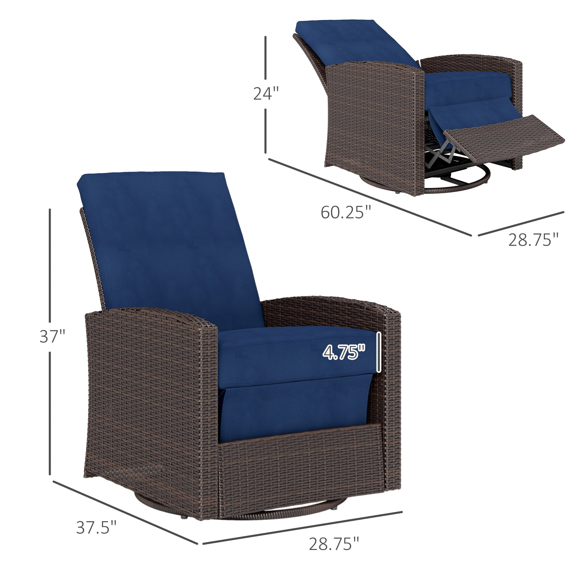 Outdoor Wicker Chair, Reclining Backrest, Lifting Footrest, 360° Rotating Basic, Water Resistant Cushions, Dark Blue