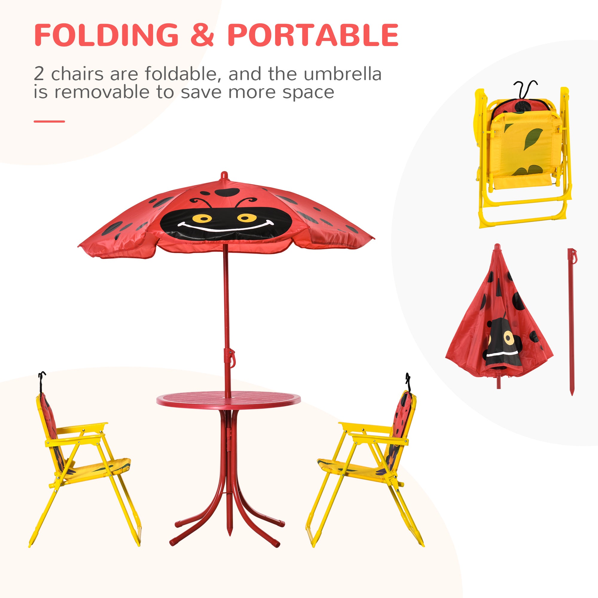 Kids Table and Chair Set, Outdoor Folding Garden Furniture, Picnic Table for Patio Backyard, with Removable & Height Adjustable Sun Umbrella, Red