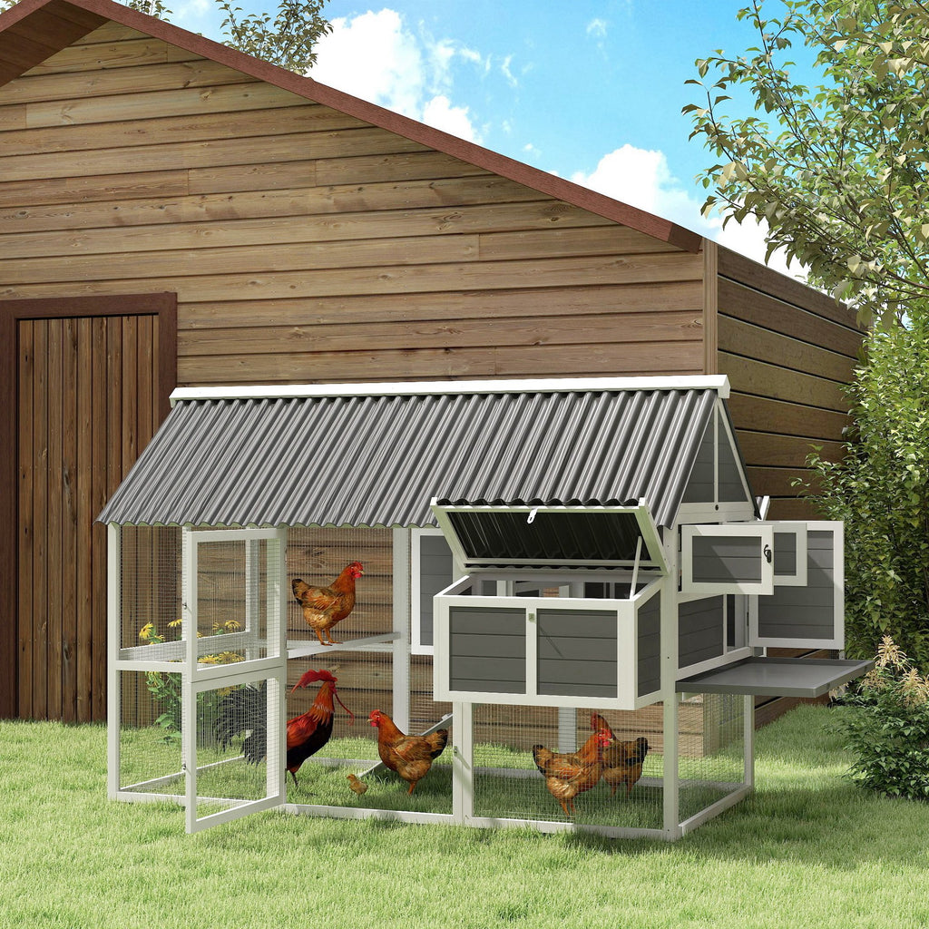 Wooden Chicken Coop with Run, 2 Nesting Boxes, 2 Roosting Bars, Ramp & Tray, Poultry Cage for 4-6 Chickens, Gray