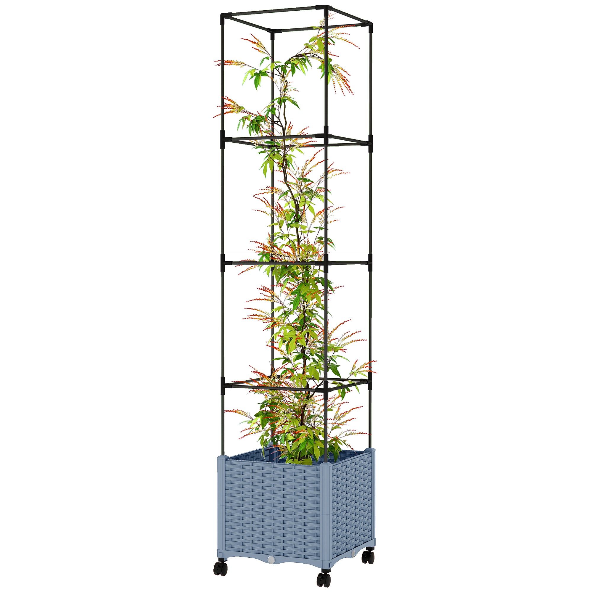 Raised Garden Bed with Trellis, Tomato Cage with Lockable Wheels, Self Watering Planter Box with Drainage Holes, Gray
