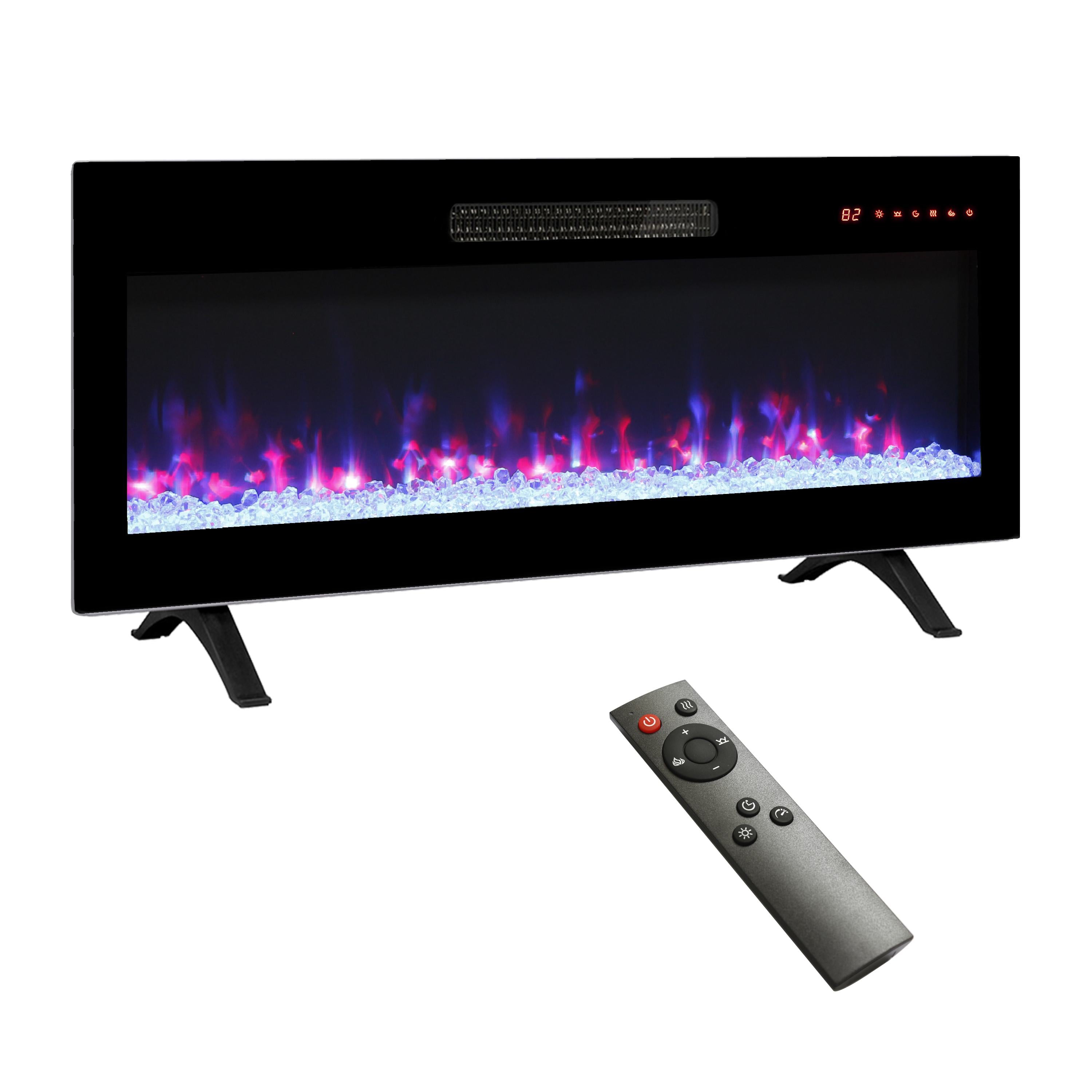 36" Remote Wall Mounted Electric Fireplace with Ultra Thin Tempered Glass Front, Multi-Color Flame, and LED Light Heater, Antique Black
