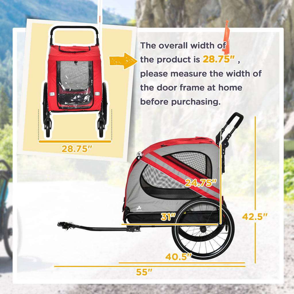 2-in-1 Pet Bike Trailer for Small Medium Dogs, Road-Visibility Dog Stroller Bicycle Carrier, Weather-Strong Bike Wagon Trailer Sidecar Attachment, Red