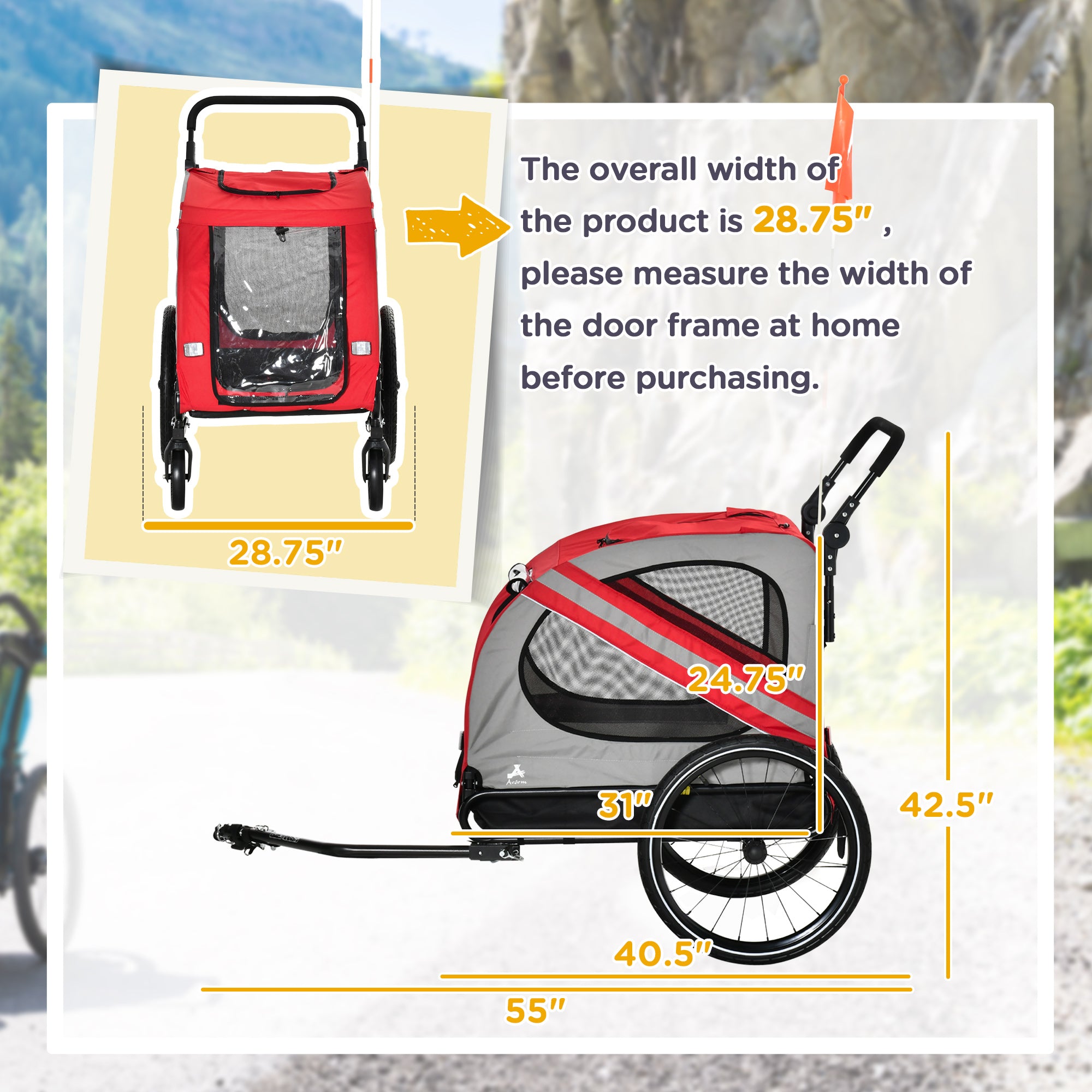 2-in-1 Pet Bike Trailer for Small Medium Dogs, Road-Visibility Dog Stroller Bicycle Carrier, Weather-Strong Bike Wagon Trailer Sidecar Attachment, Red