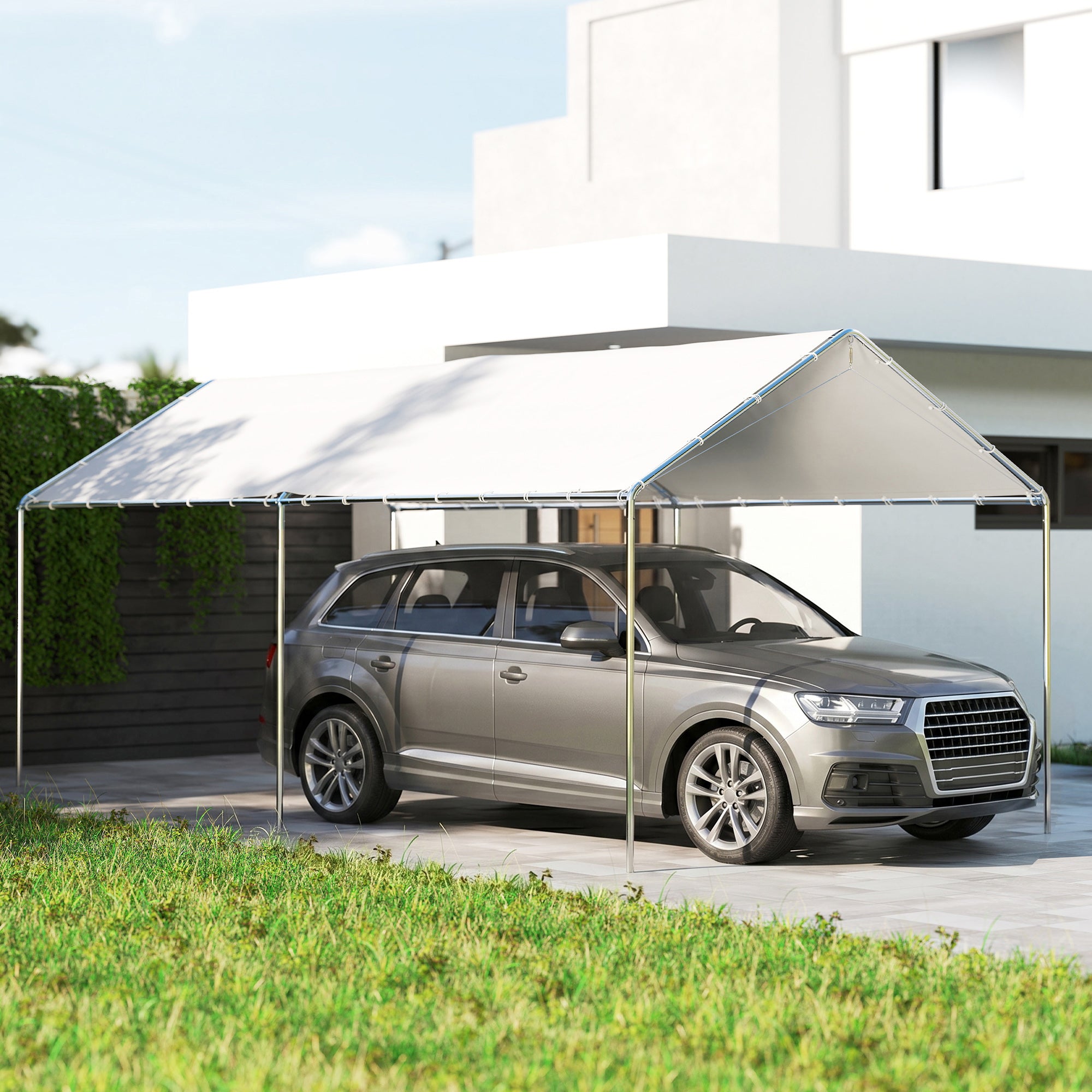 9.6' x 19.5' Carport Heavy Duty Galvanized Car Canopy w/ Included Anchor Kit, 3 Reinforced Steel Cables, White