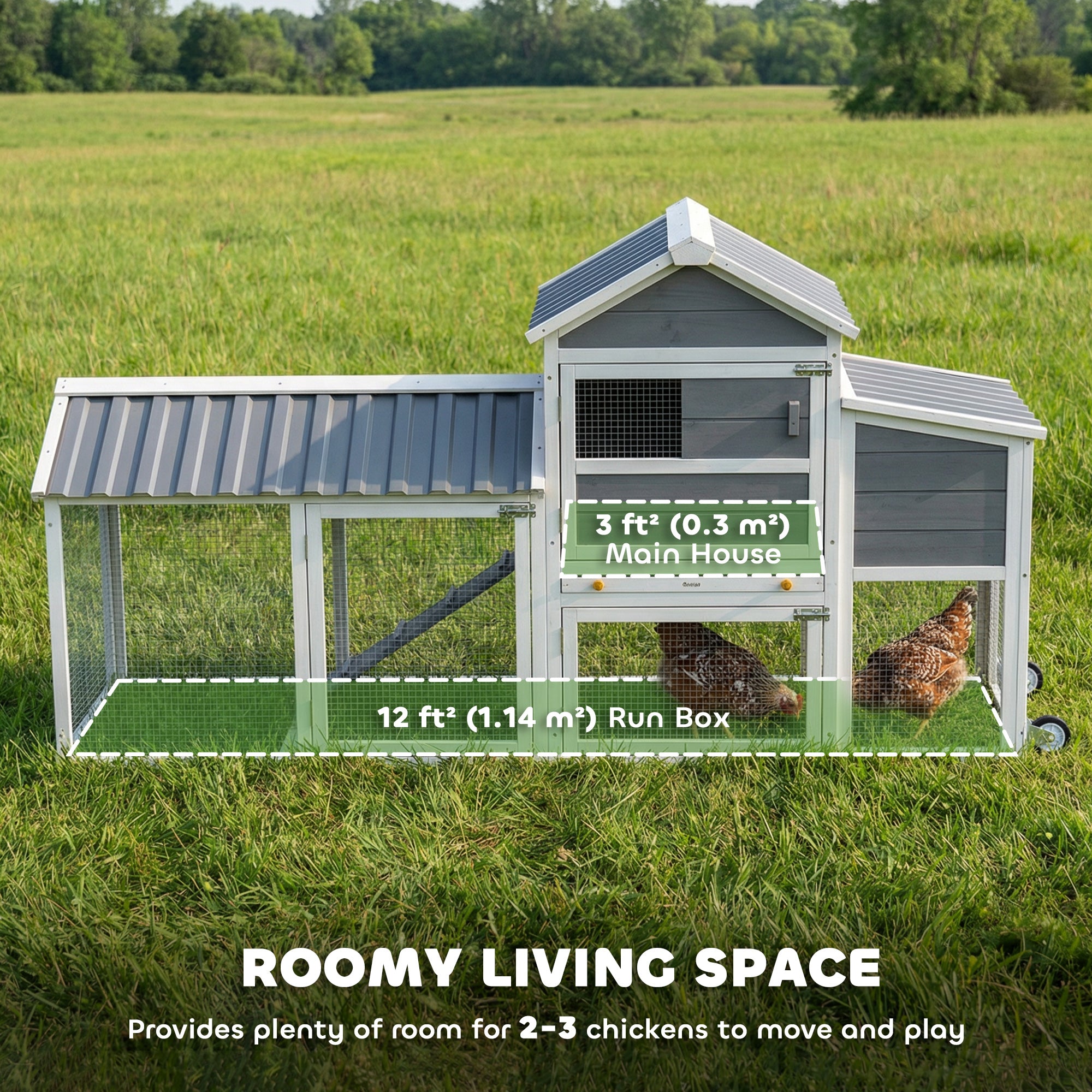 Chicken Coop with Wheels, 80" L Mobile Hen House with Run, Outdoor Wooden Chicken House with Nesting Box, Tray, Ramp