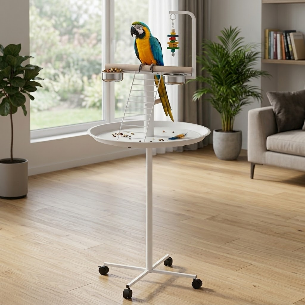 Bird Stand with Wheels, Perches, Feed Bowls, Round Tray for Parrot