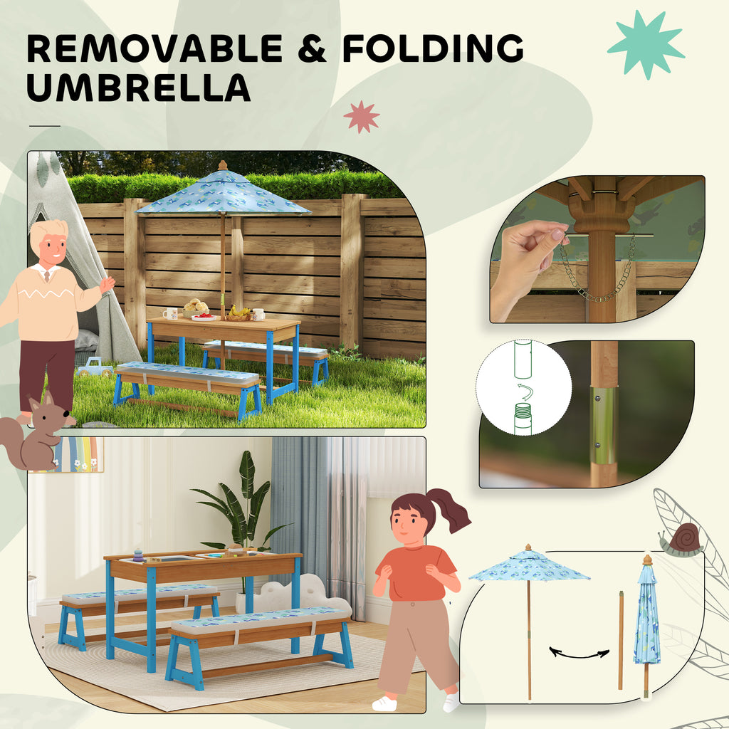 Kids Picnic Table Set with Foldable Umbrella, Removable Cushions & Boxes, Dinosaur Theme, Blue