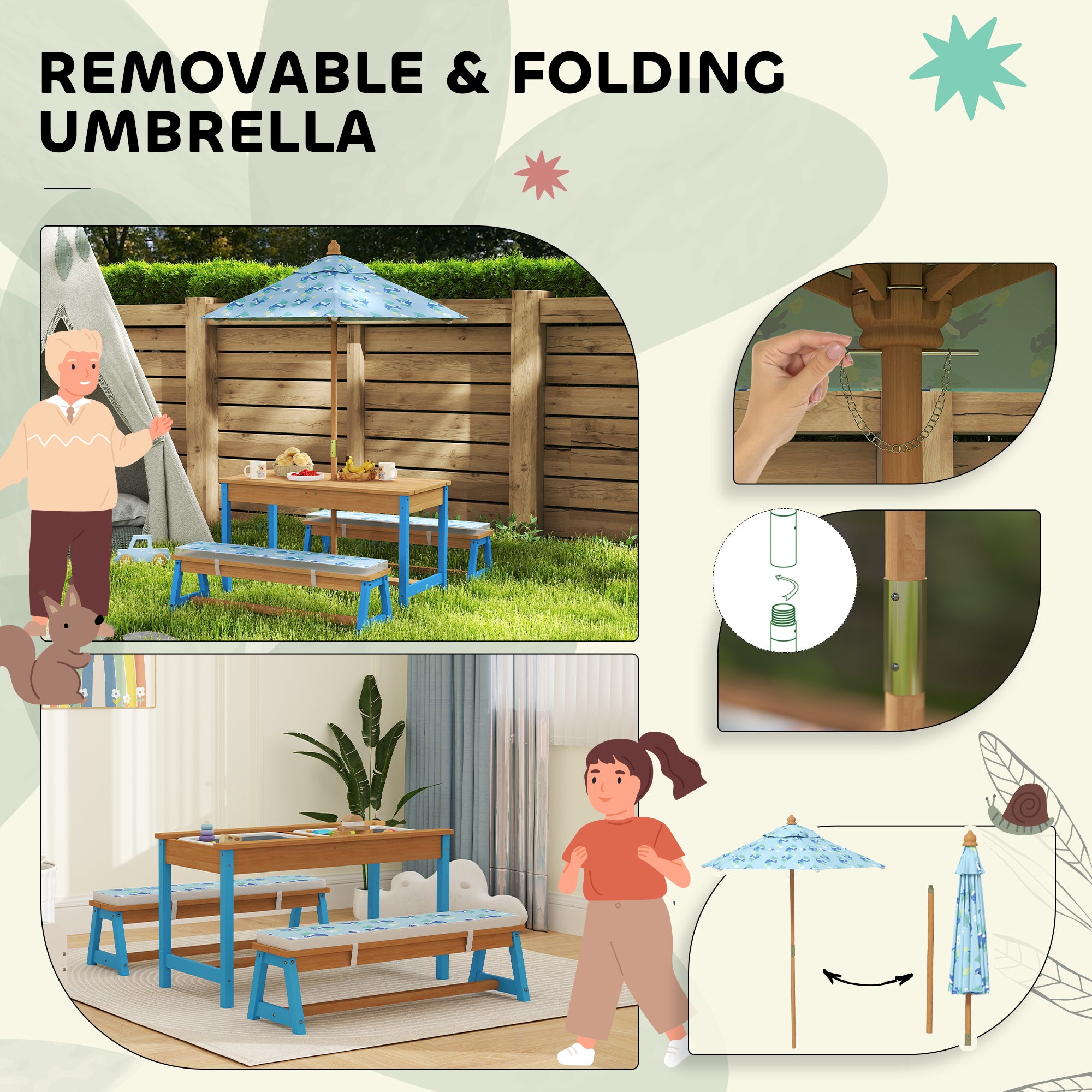Kids Picnic Table Set with Foldable Umbrella, Removable Cushions & Boxes, Dinosaur Theme, Blue