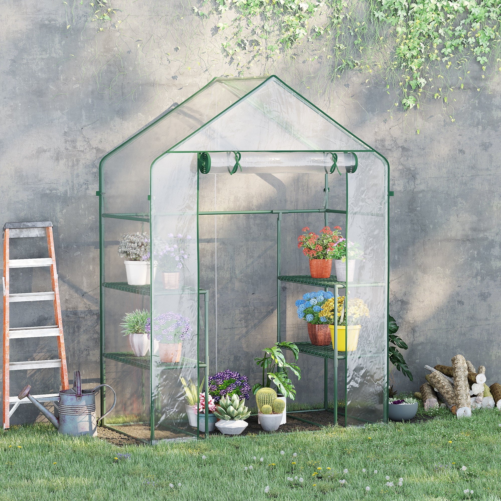 5' x 2.5' x 6.5' Mini Walk-in Greenhouse Kit, Portable Green House with 3 Tier Shelves, Roll-Up Door, and Weatherized Plastic Cover for Backyard Garden, Clear