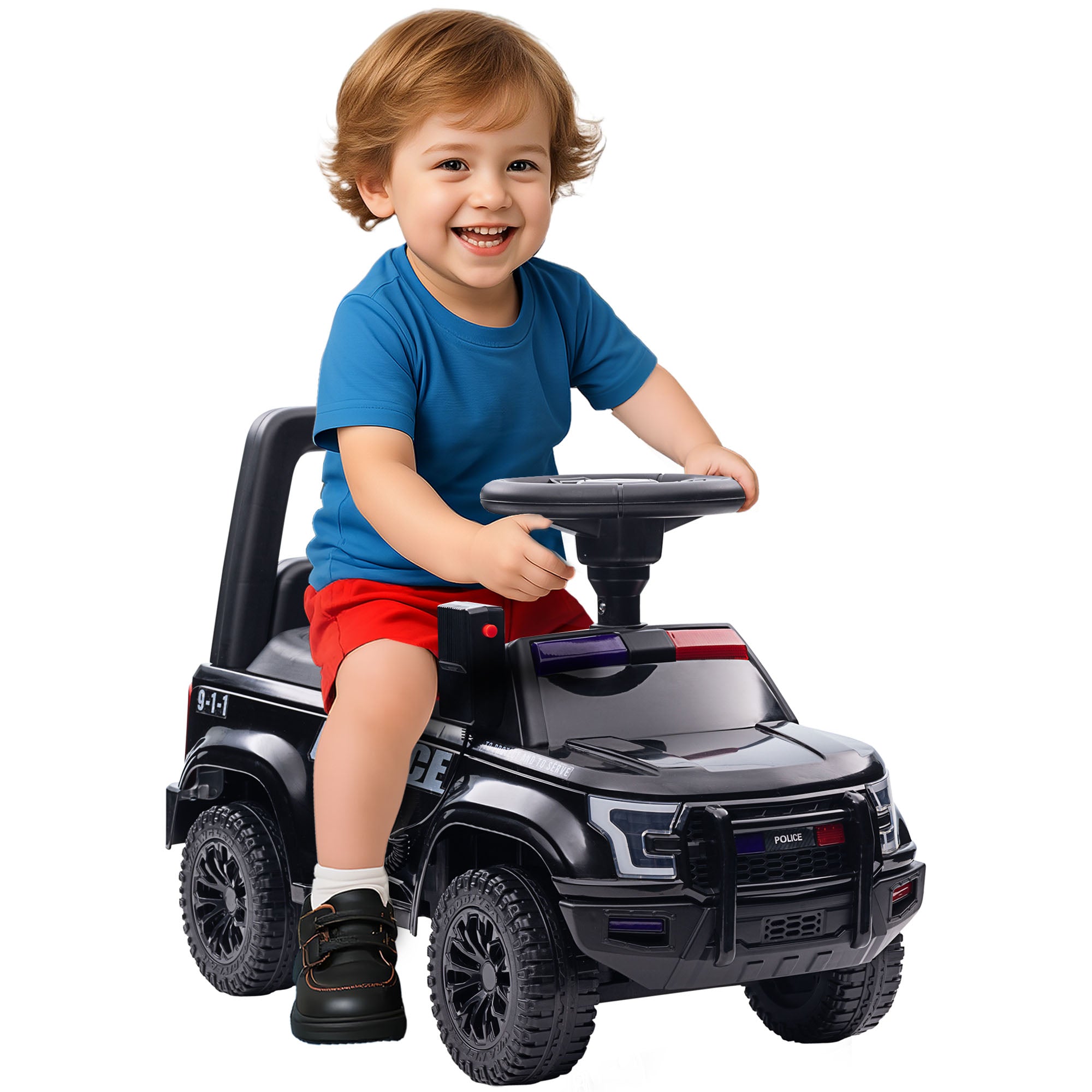 Kids Push Ride On Car with Working PA System and Horn, Police Truck Style Foot-to-Floor Sliding Car for Boys and Girls with Under-Seat Storage, for 18 Months to 5 Years Old, Black