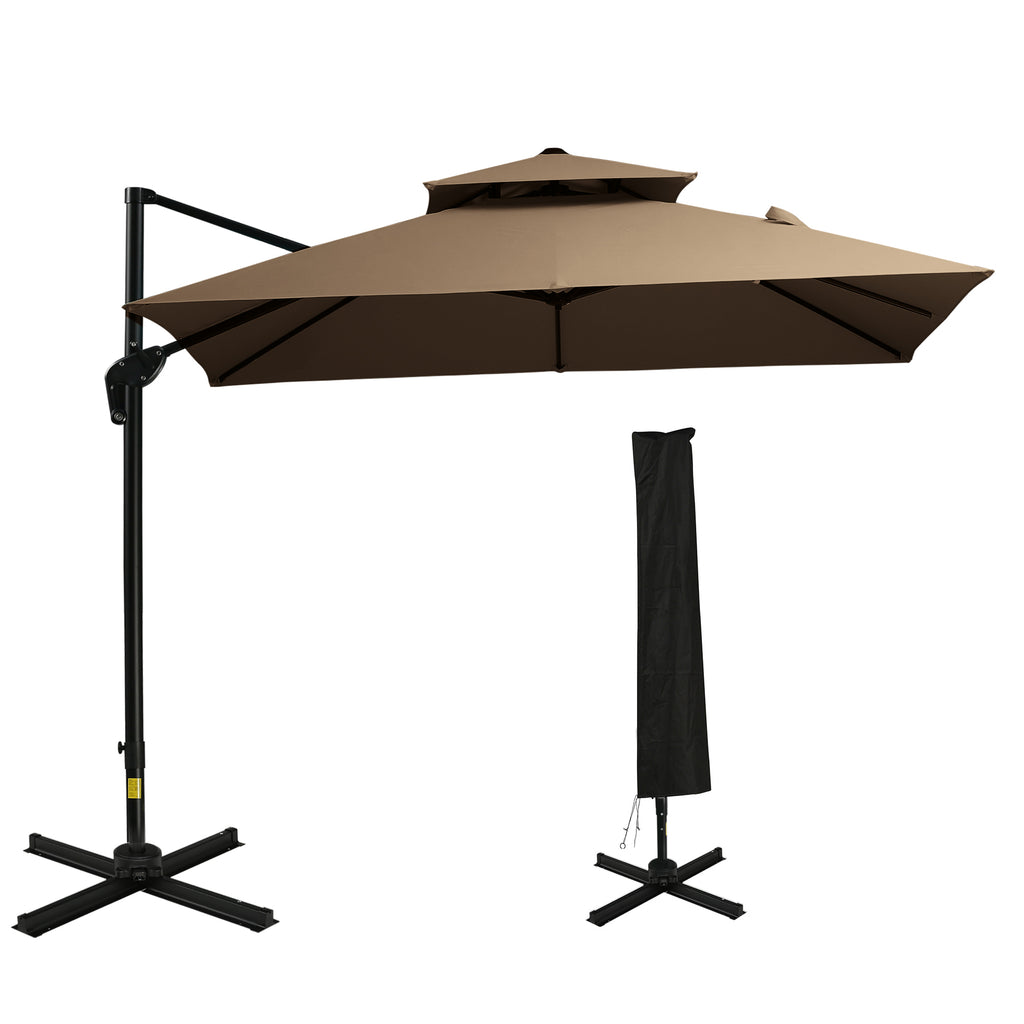 10ft Offset Patio Umbrella with Base, Hanging Aluminum Cantilever Umbrella with 360-degree Rotation, Coffee