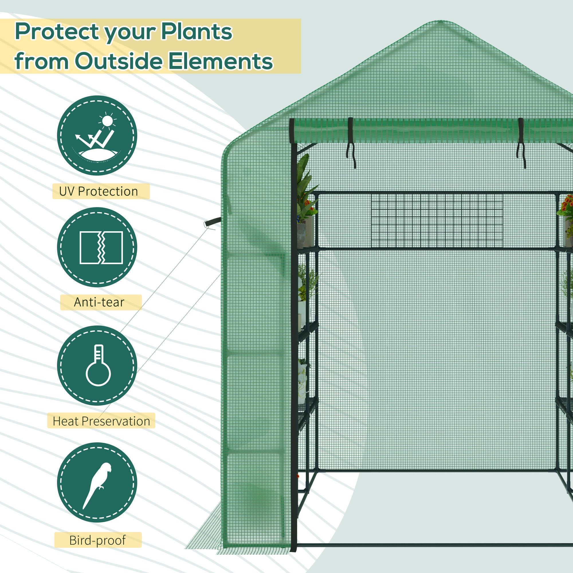 8' x 6' x 7' Temporary Greenhouse for Growing Flowers with Mesh Door & Windows Green
