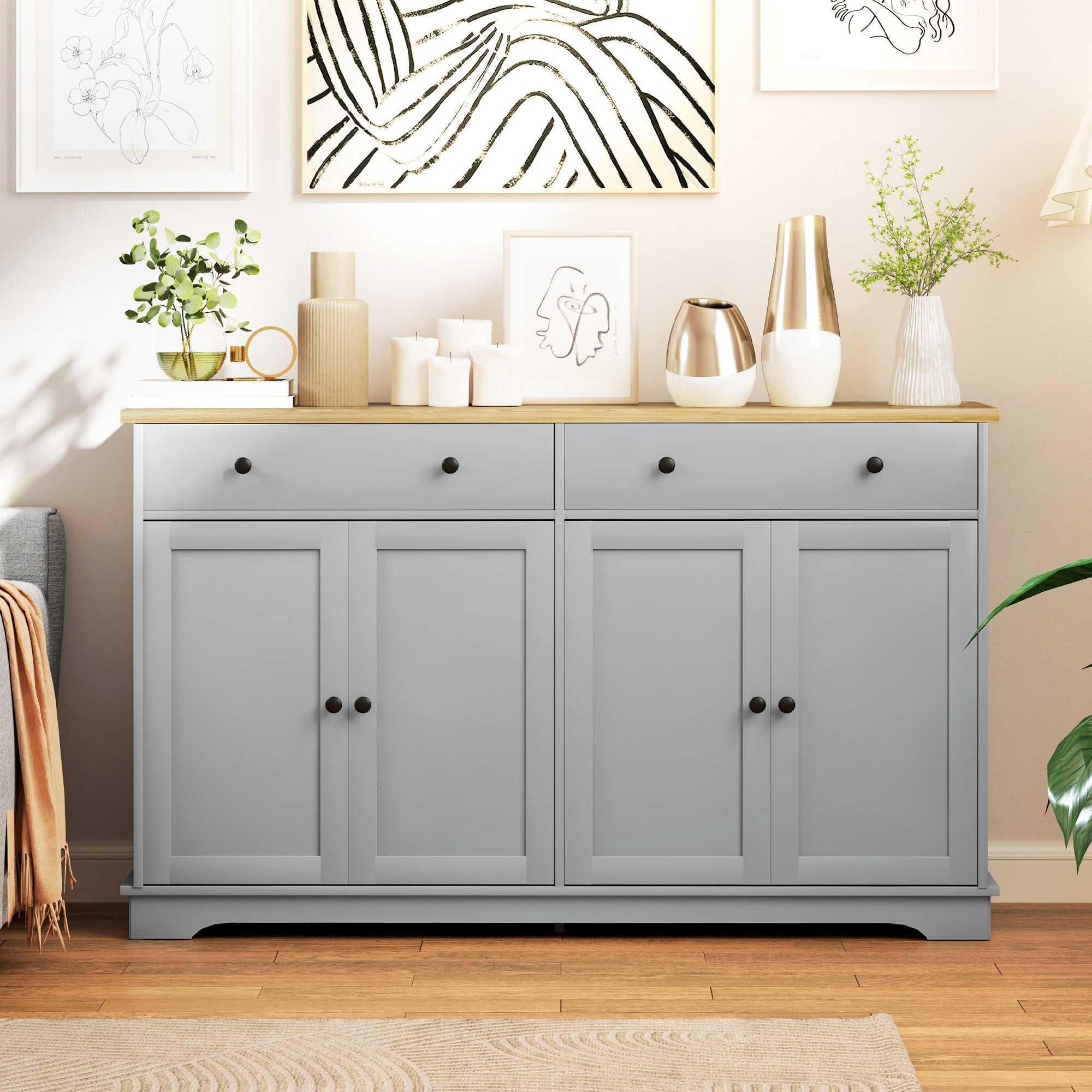 Modern Sideboard, Buffet Cabinet with Storage Drawers, Adjustable Shelves for Living Room, Dining Room, Entryway, Gray