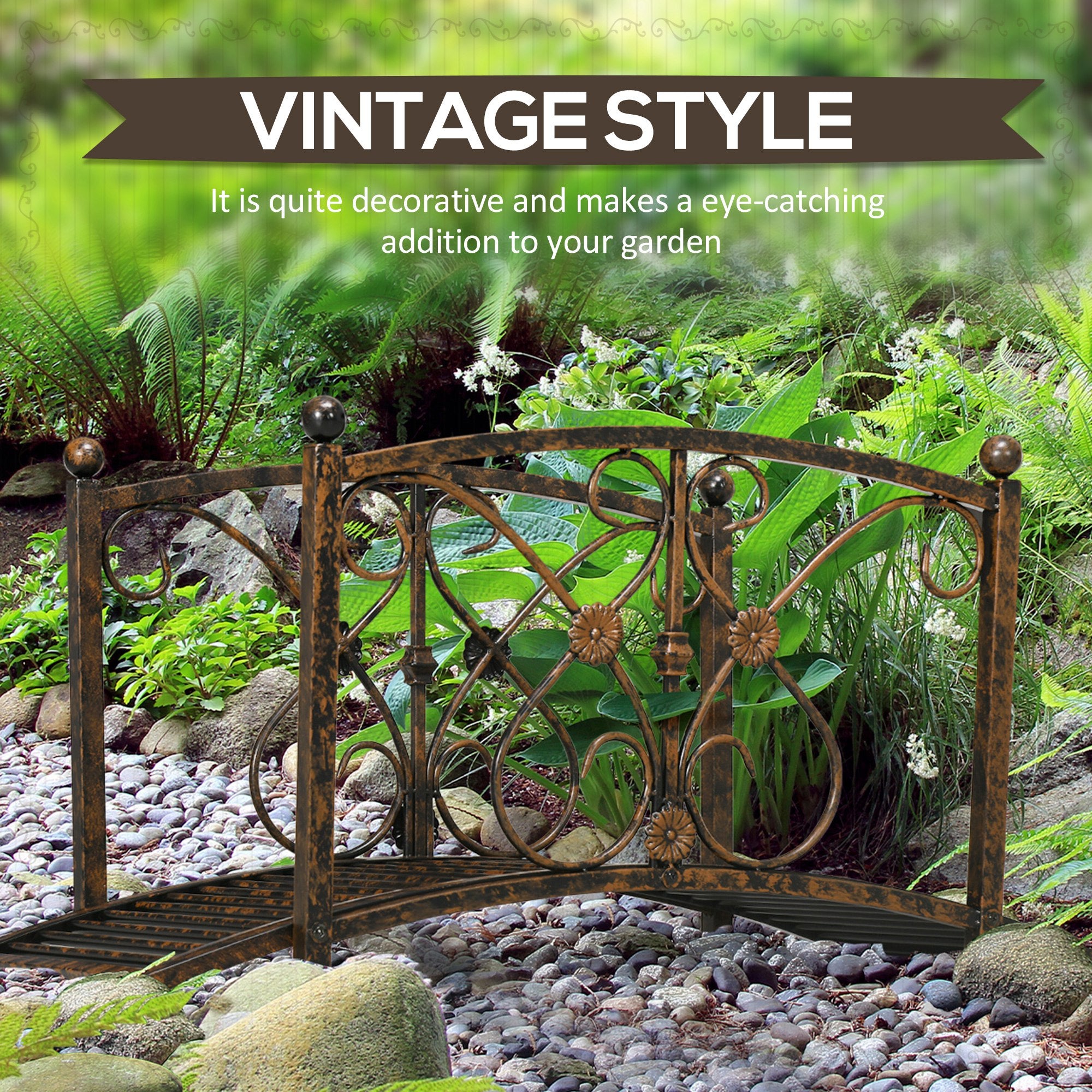 3.3' Metal Garden Bridge, Decorative Classic Footbridge Pond Bridge with Safety Railings for Backyard Garden Creek, Rust Brown