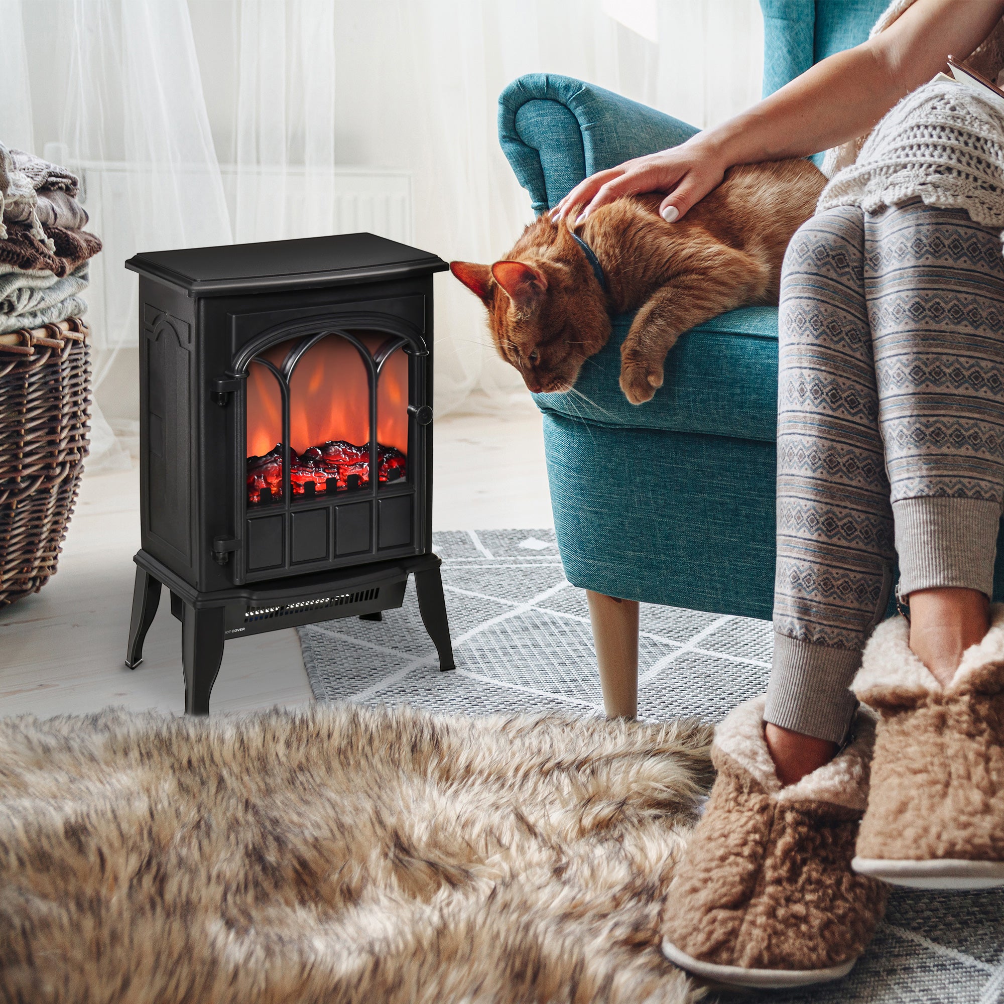 Electric Fireplace Stove, Freestanding Fireplace Heater, 750W/1500W, Black