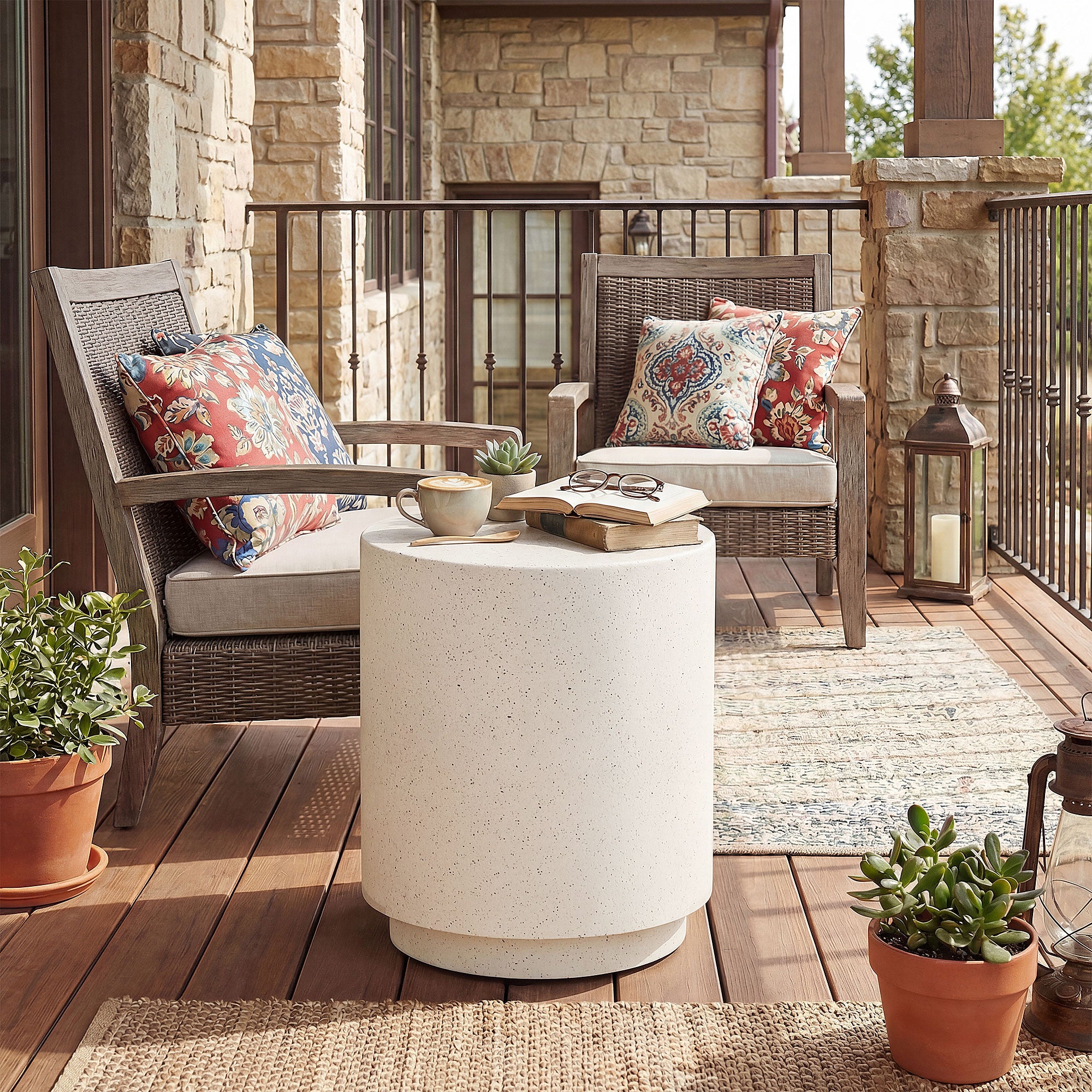 Lightweight Accent Table with Concrete Finish Round Side Table, Cream White