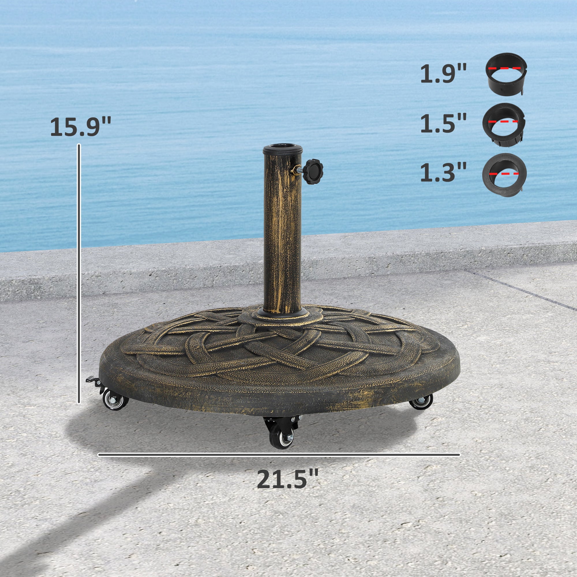 Round Patio Umbrella Base with Wheels, 44 lbs Resin Umbrella Stand Base, Heavy Duty Patio Umbrella Holder for 1.3"/1.5"/1.9" Umbrella Poles for Outdoor, Lawn, Poolside, Bronze