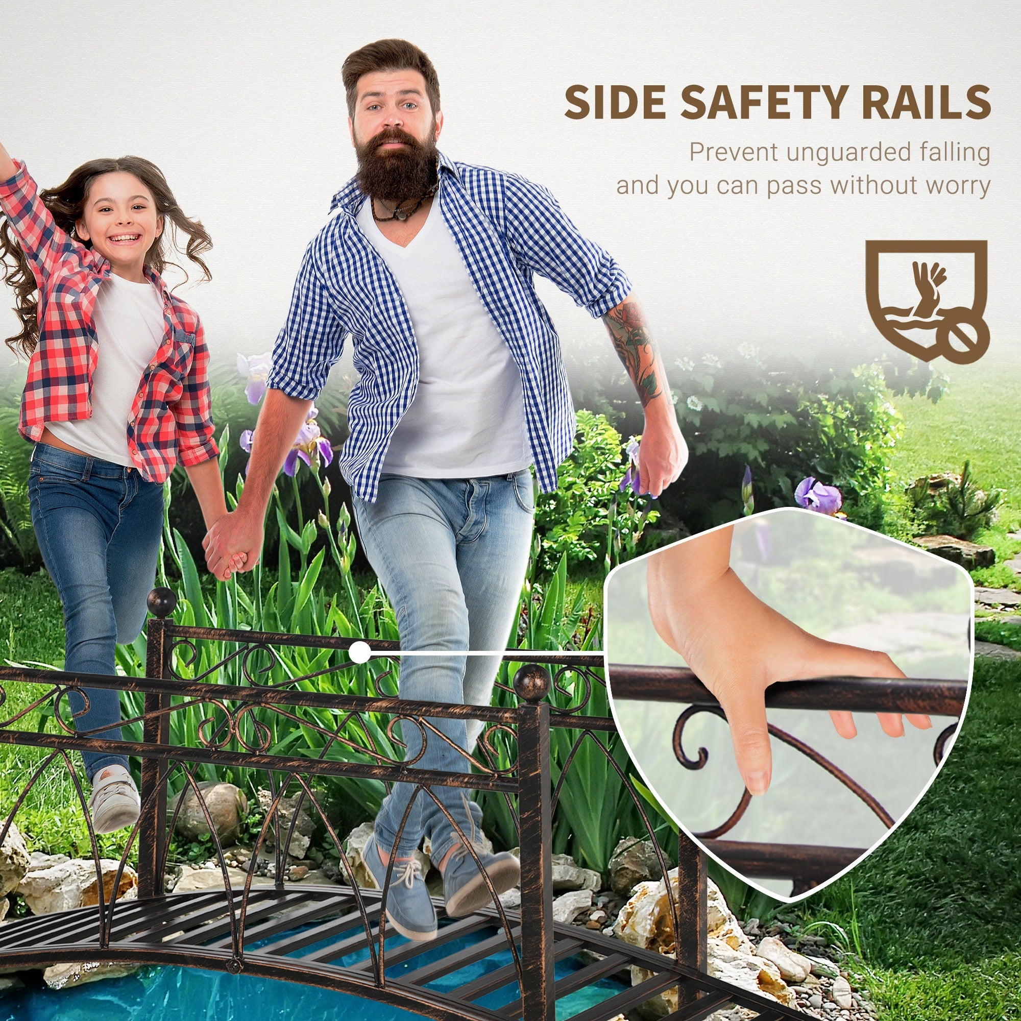 3.3' Metal Arch Zen Garden Bridge with Safety Siderails, Decorative Footbridge, Delicate Scrollwork & Corner Spheres for Stream, Fish Pond, Bronze