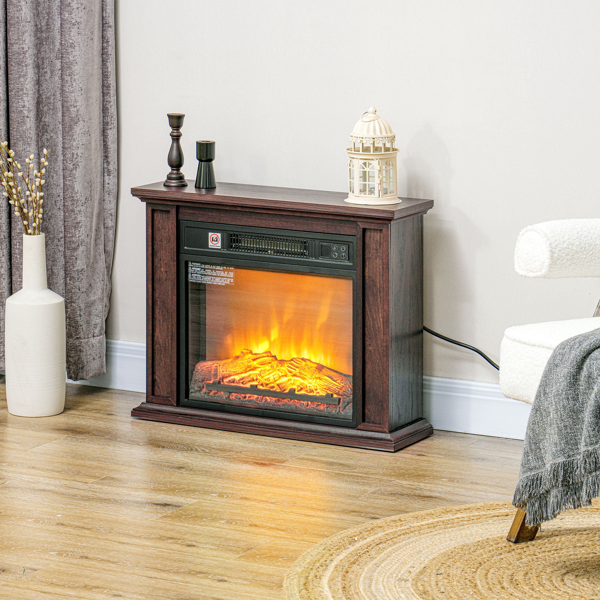 26" Freestanding Electric Fireplace with Mantel, 1400W Replaceable Fireplace Insert Heater with 3D Flame Effect, Brown