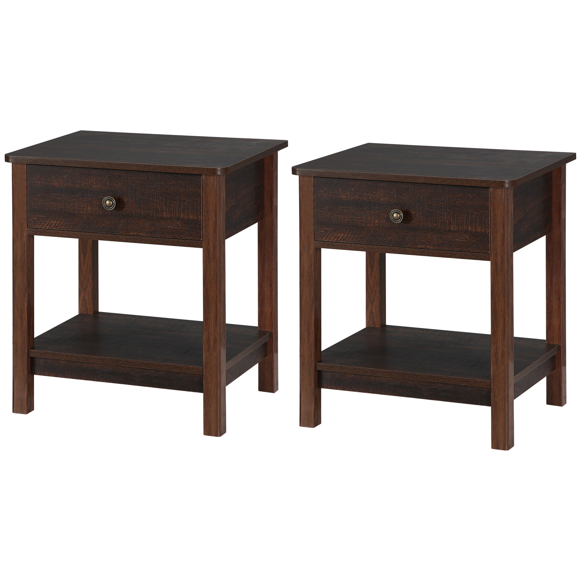 End Table with Drawer, Side Table with Top and Bottom Shelf for Small Spaces, Set of 2, Dark Brown