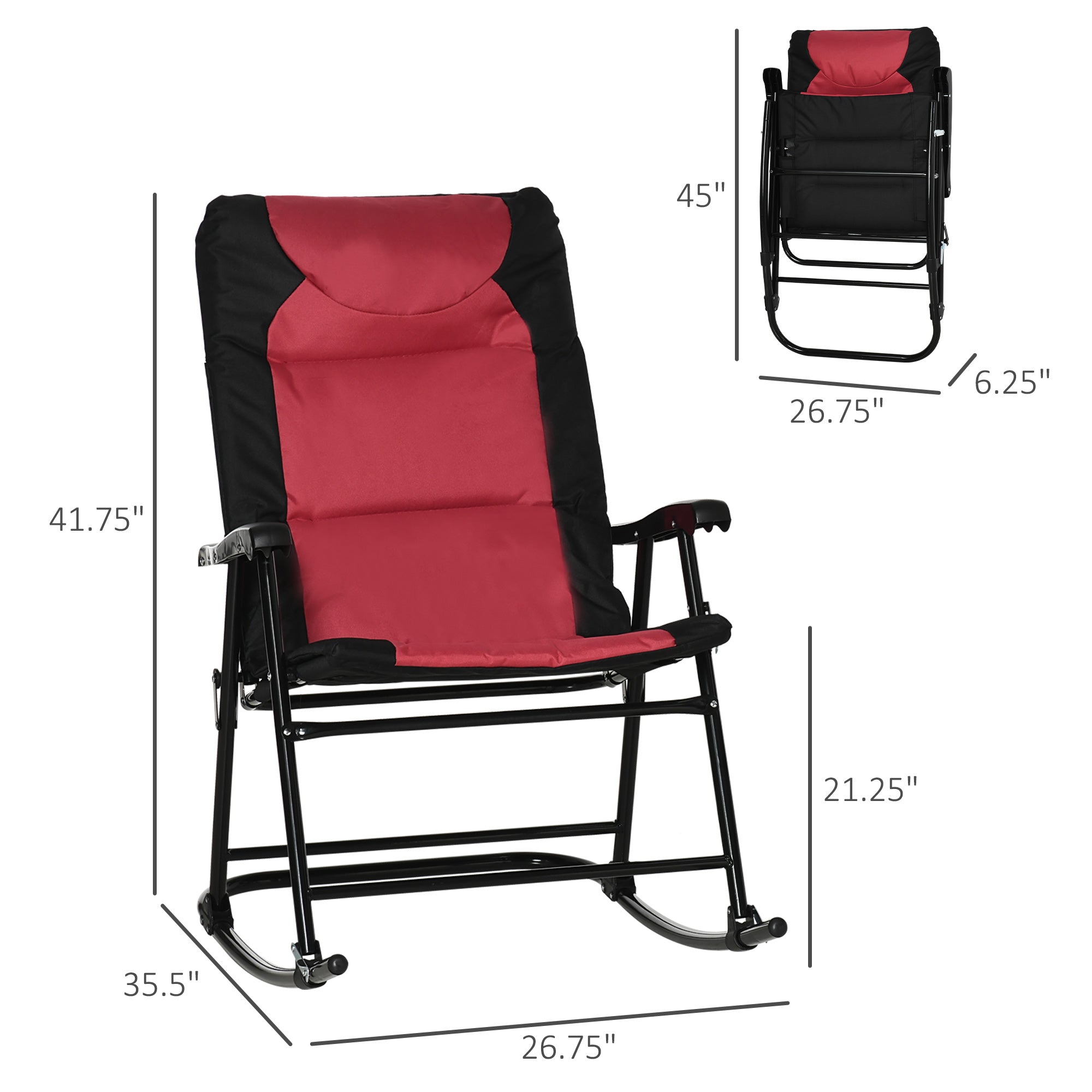 2 Piece Outdoor Patio Furniture Set with 2 Folding Padded Rocking Chairs, Bistro Style for Porch, Camping, Balcony, Red