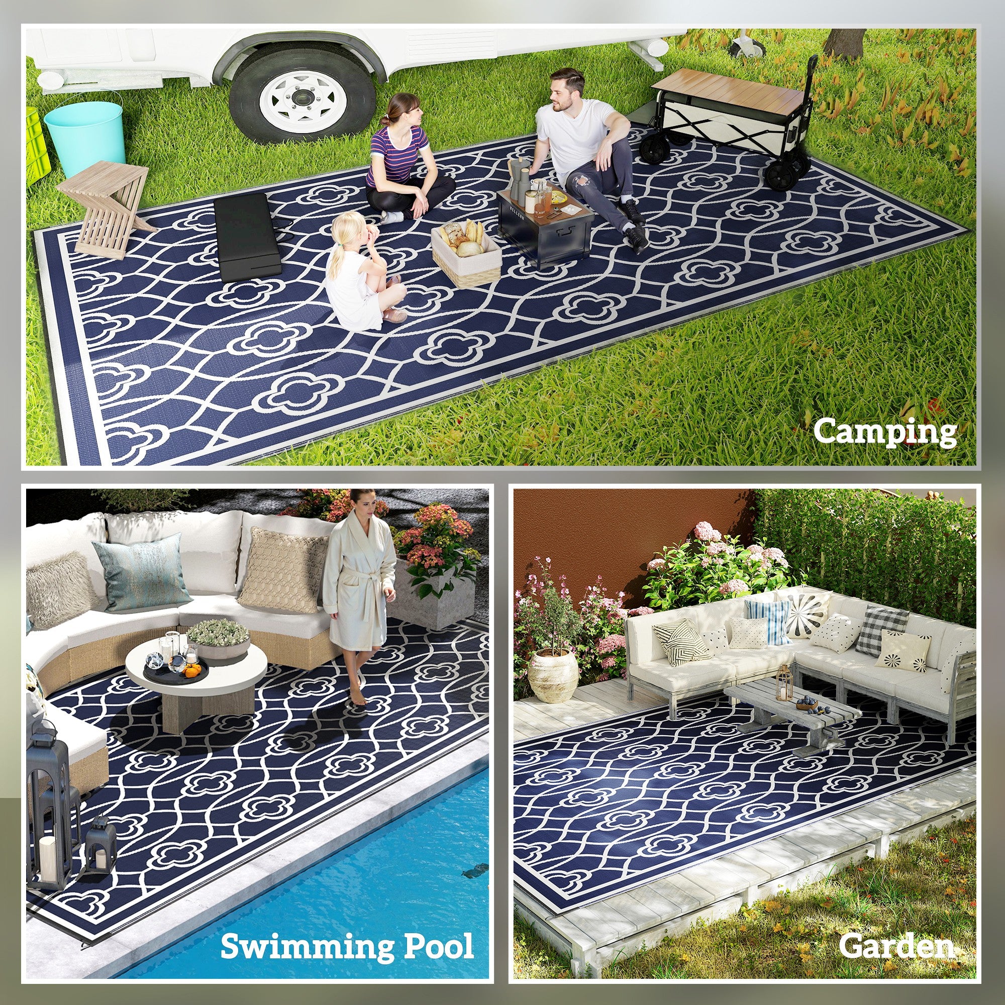 Reversible Outdoor Rug, Waterproof Plastic Straw with Carry Bag, 9' x 18', Blue & White Lantern