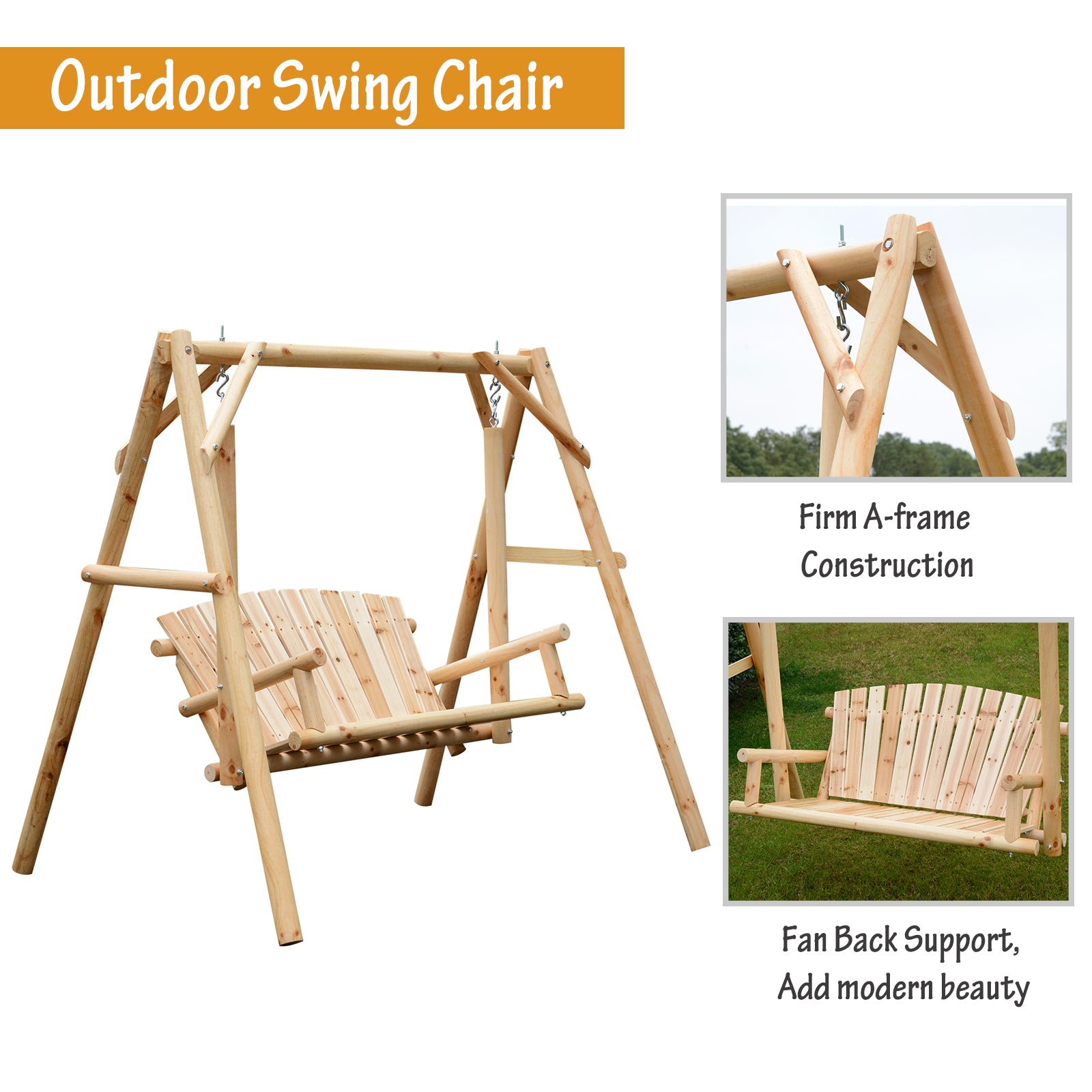 2-Seat Wooden Swing Bench, Ergonomic Design, 'A' Frame Construction, Stable and Non-Slip, Solid Wood Frame Log Garden Swing, for Outdoor and Indoor, Natural Wood