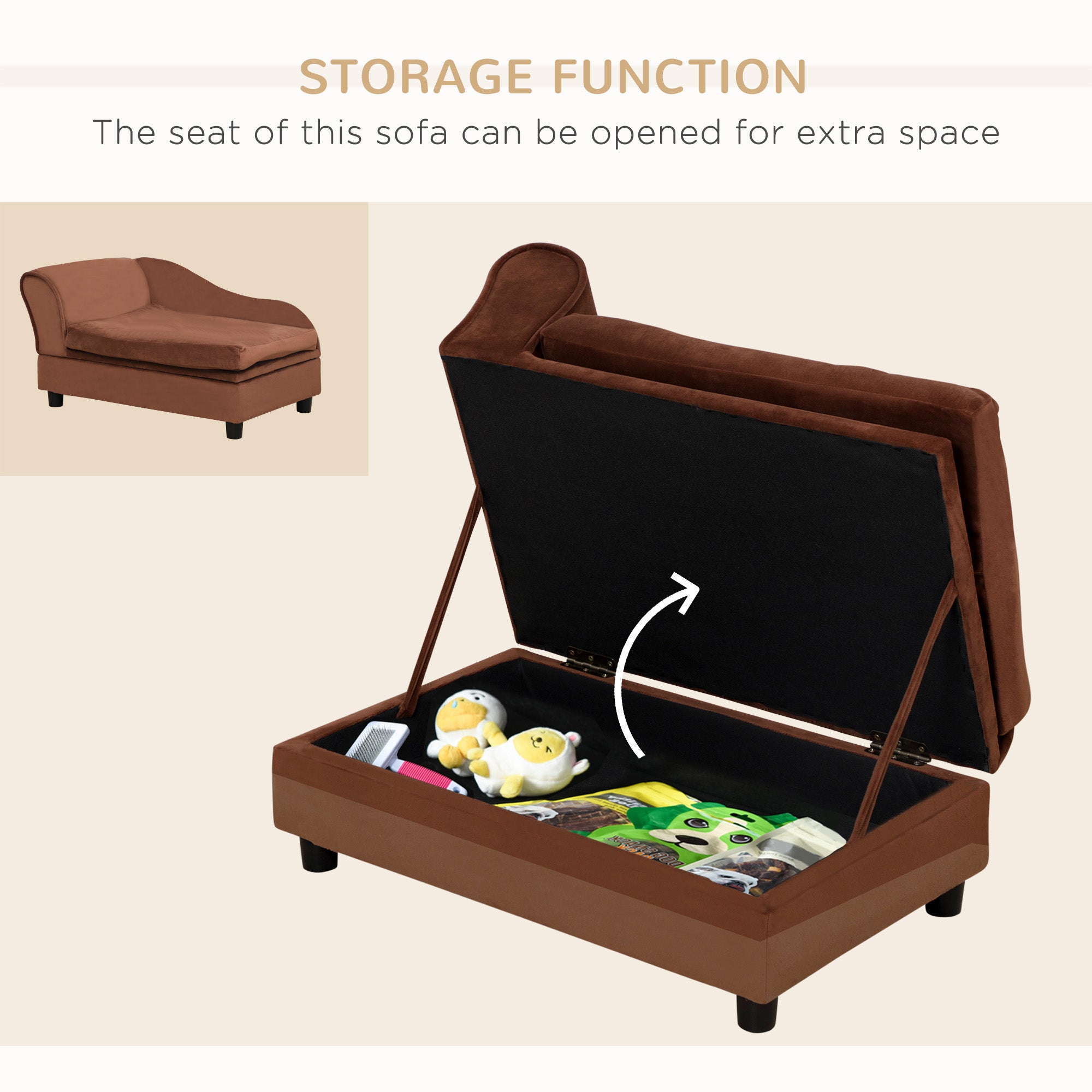 Pet Sofa Bed Couch with Storage, Pet Sofa for Cats and Small Dogs, Brown